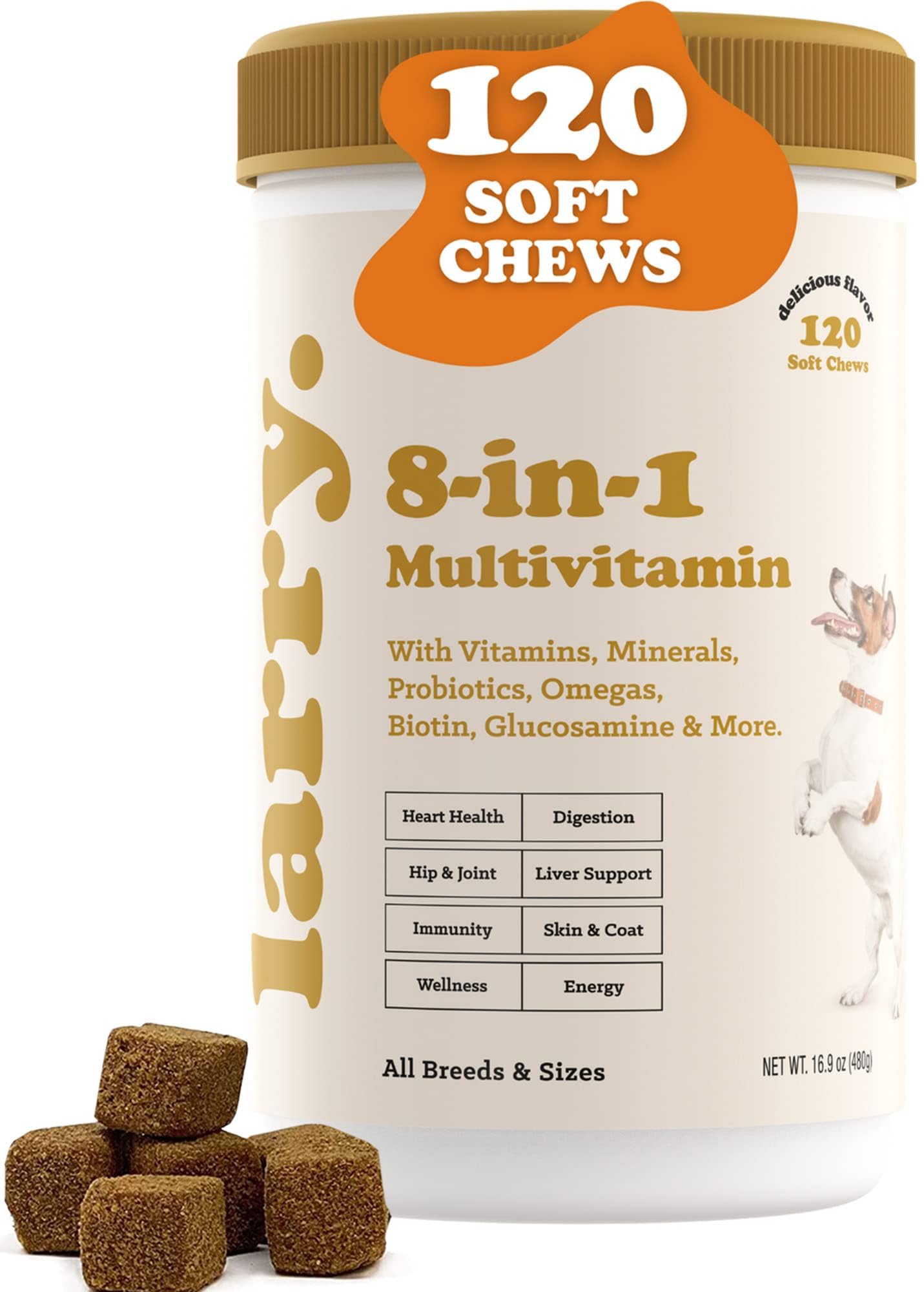 8-in-1 Multivitamin Dog Supplement by Larry | Heart, Digestion, Liver, Skin, Coat, & Joint Support Supplement for Dogs | with Vitamins, Minerals, Omegas, & Glucosamine Chondroitin | 120 Soft Chews