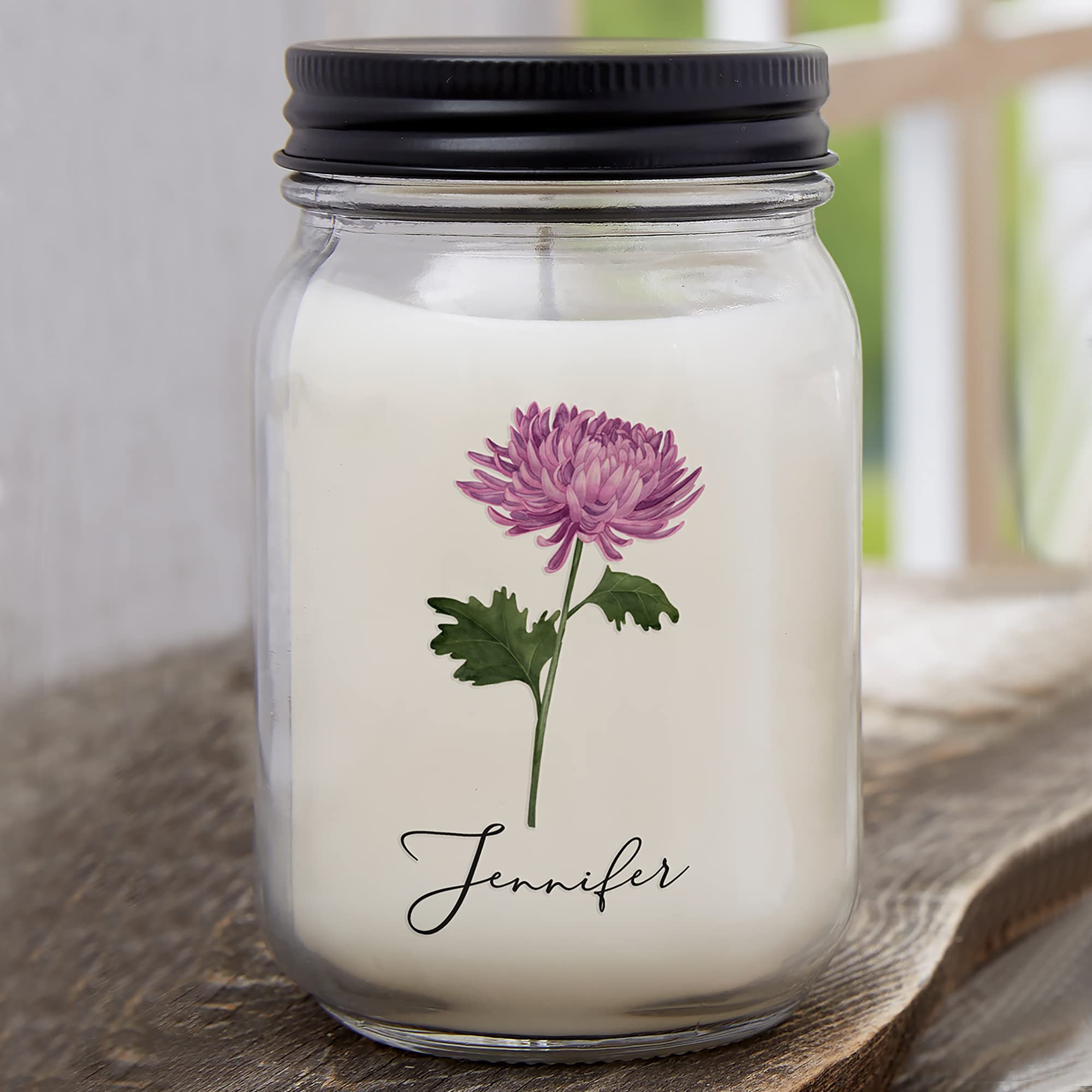 Personalization Universe Birth Month Flower Personalized Farmhouse Candle Jar, Customizable with Name, Date, and Birth Flower, Lakeside Rain Scent, 50-60 Hours Burn Time, Made in USA, for Women