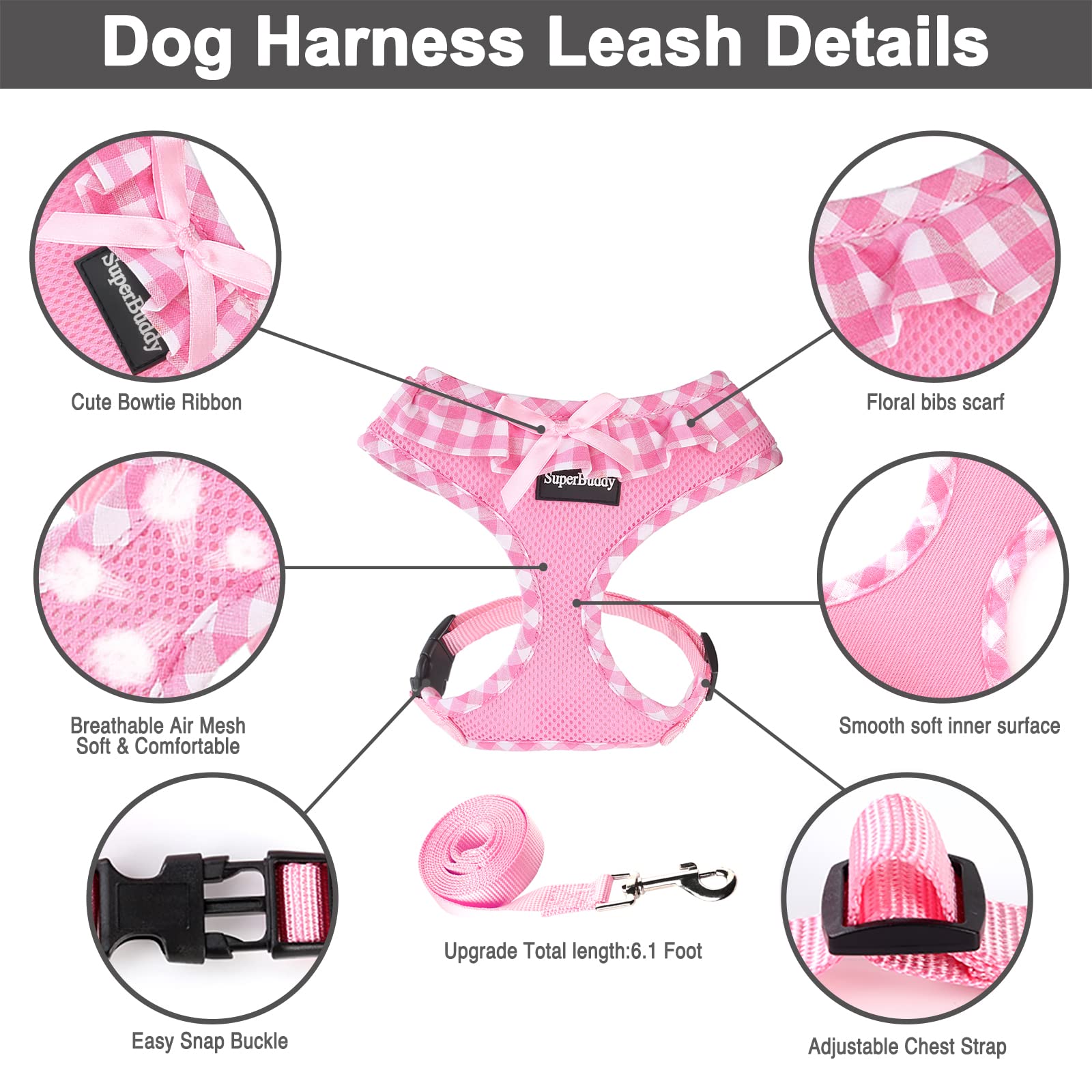 SuperBuddy Upgraded Soft Mesh Dog Harness, Super Breathable Lightweight Pet Harnesses for Puppy Dogs Outdoor Walking, Pink Dog Harness and Dog Leash Set Packing -Medium