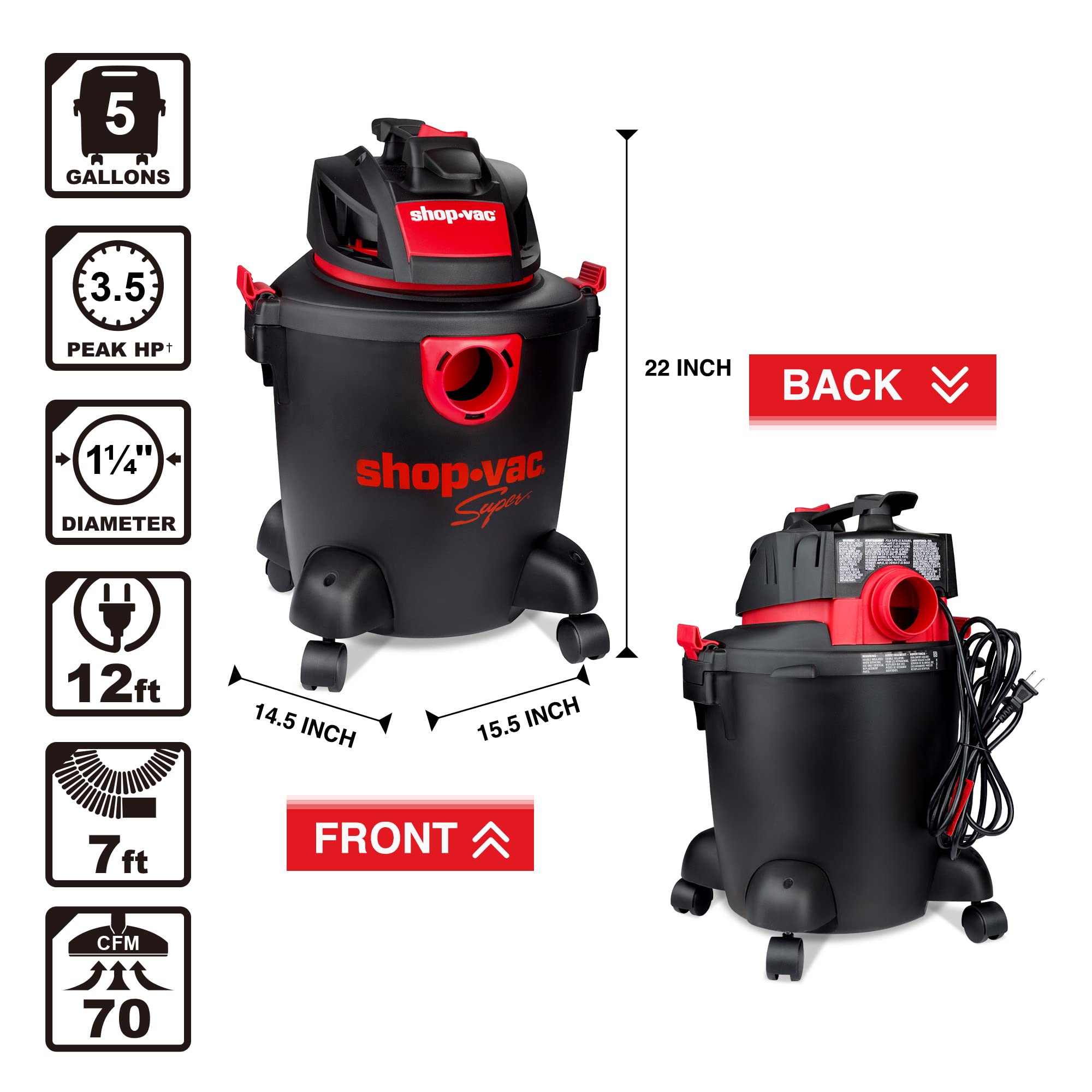 Shop-Vac 5 Gallon 3.5 Peak HP Wet/Dry Vacuum, Portable Heavy-Duty Shop Vacuum 3 in 1 Function with Attachments for House, Garage & Workshop, 71-5760588