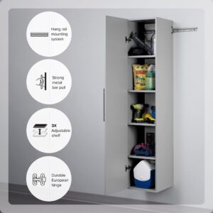 Prepac HangUps Narrow Wall Mounted Garage Storage Cabinet, Tall Storage Organizer Cabinet, 15" W x 72" H x 16" D, Light Gray