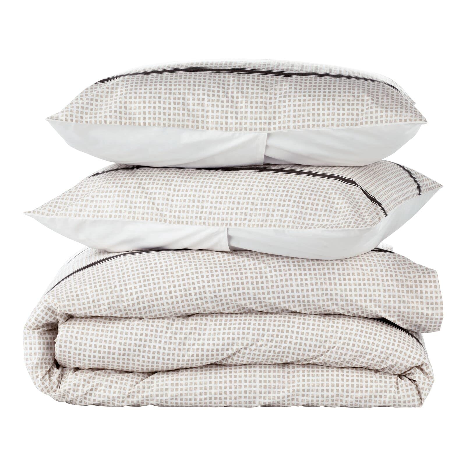 Nate Home by Nate Berkus 250TC 3-Piece Printed Shapes All-Season Cotton Duvet Cover Set | Bedding Set from mDesign - King Size - 1 Duvet Cover, 2 Pillow Shams, Pearl/Night (Taupe/Black)