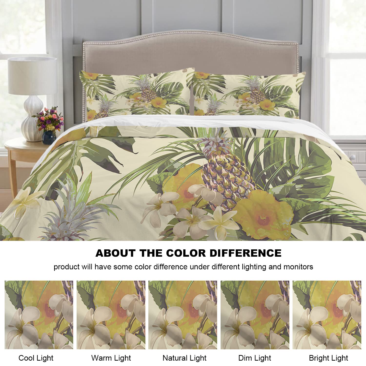 Batmerry Beige Tropical Palm King Size 3 Pieces Bedding Comforter Cover Sets,Soft Fluffy Green Leaves Pattern Printed Duvet Cover for All Season