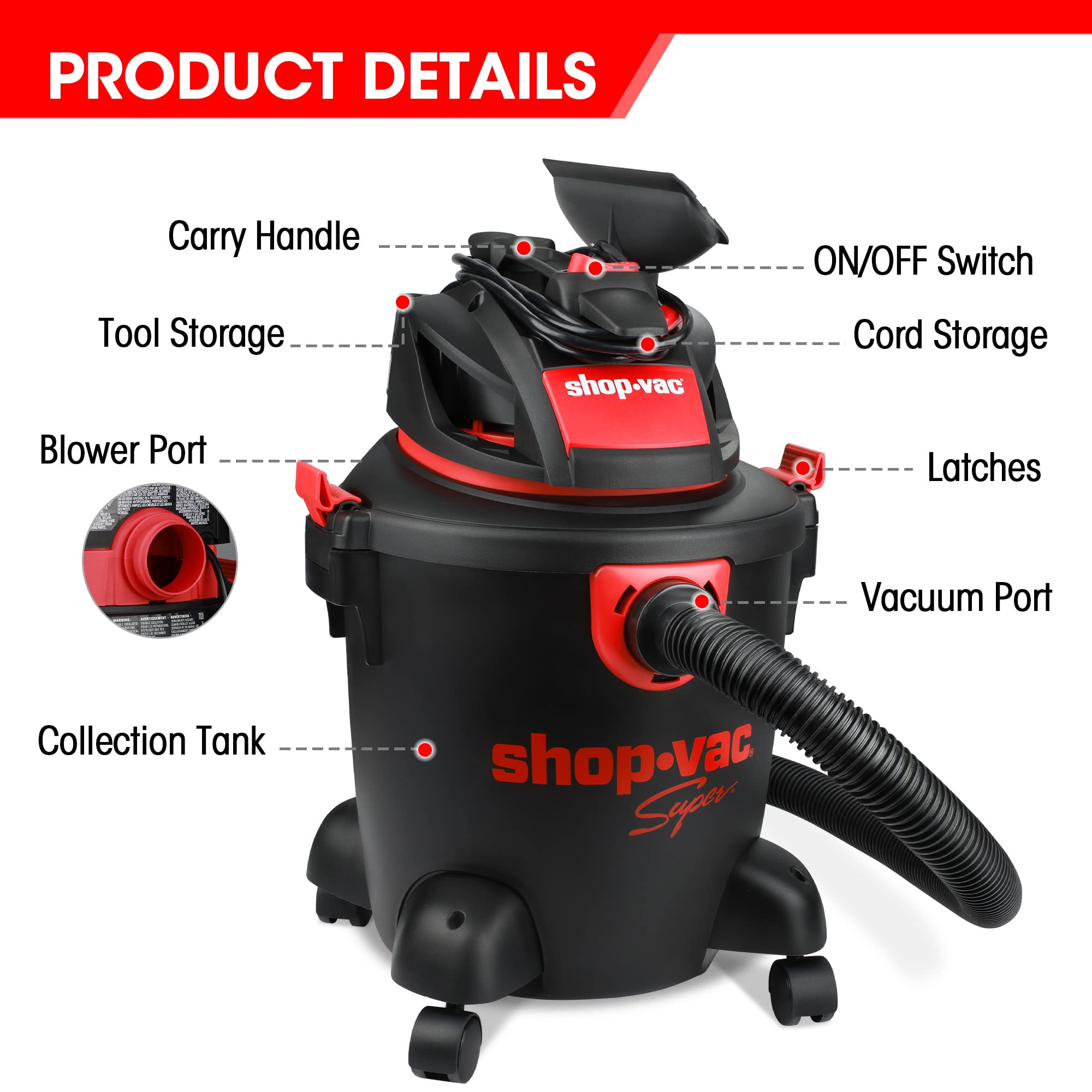 Shop-Vac 5 Gallon 3.5 Peak HP Wet/Dry Vacuum, Portable Heavy-Duty Shop Vacuum 3 in 1 Function with Attachments for House, Garage & Workshop, 71-5760588