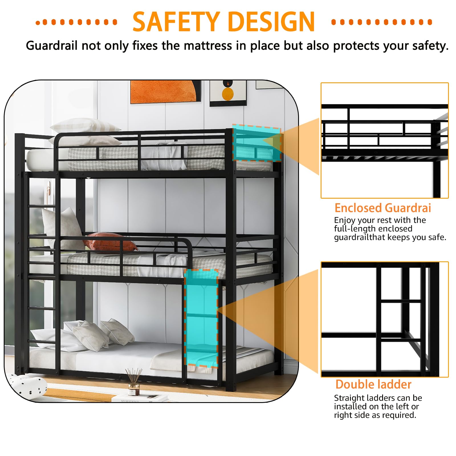 Bunk Beds, Twin Over Twin Over Twin Metal Bunk Bed, Triple Bunk Bed for Kids,Teens, Adults, Girls, Boys, Detachable BunkBed Can Be Divided into 3 Twin Beds,No Box Spring Need (Black)