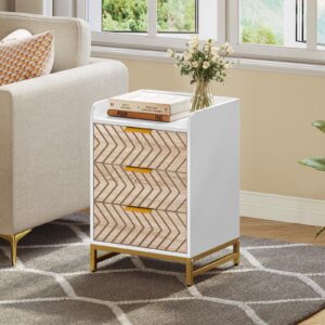 YITAHOME Nightstand with 3 Drawers, Modern Bedside Table with Chevron Design and Gold Metal Legs, Small End Side Table, Night Stands with Lip, for Bedroom, Set of 2