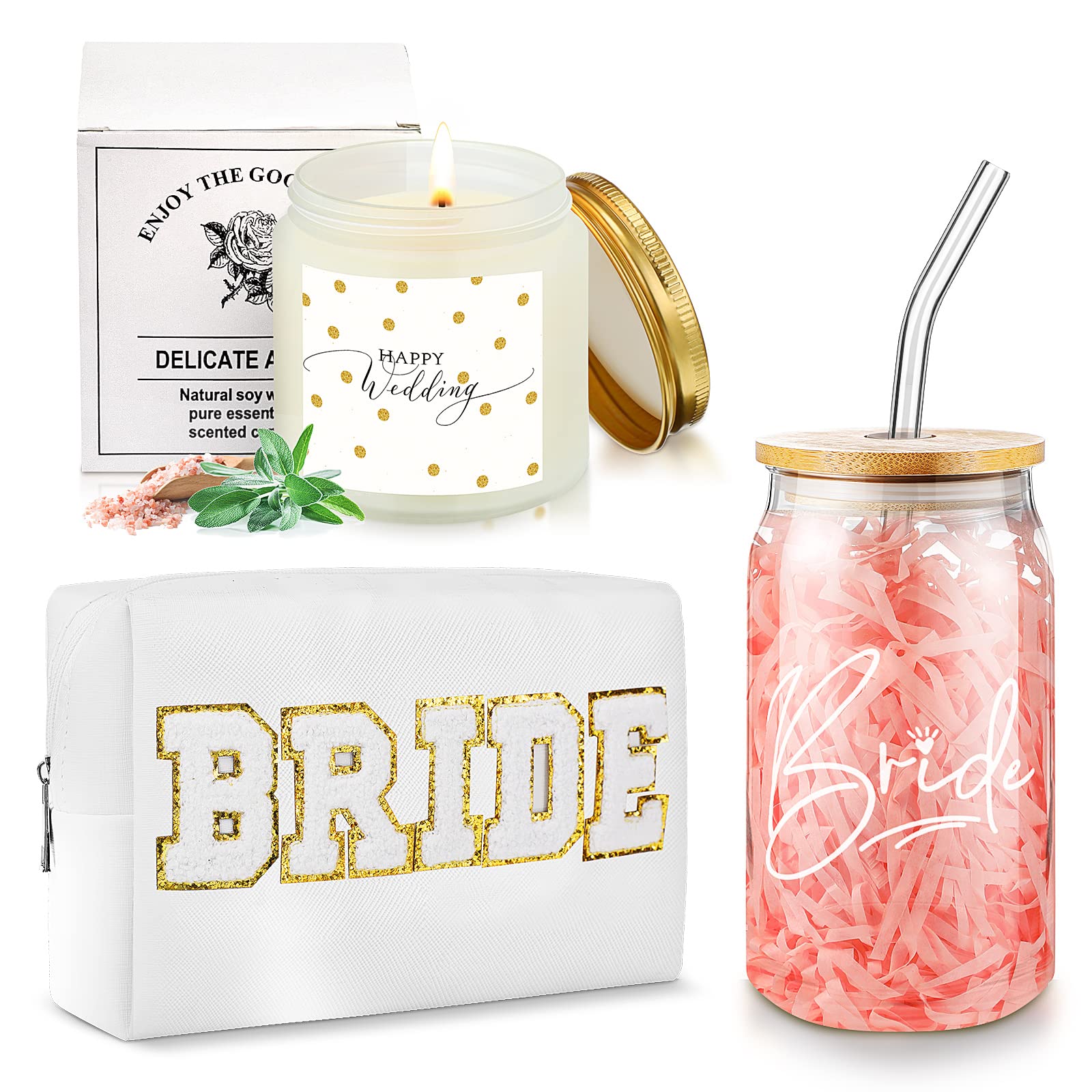 3 Pcs Bride To Be Gifts Box, Bridal Shower Bachelorette Gifts for Bride, Bride Cup Glass 16.9 oz Happy Wedding Scented Bride Candle White Bride Makeup Bag Wedding Gift Engagement Gifts for Women Her