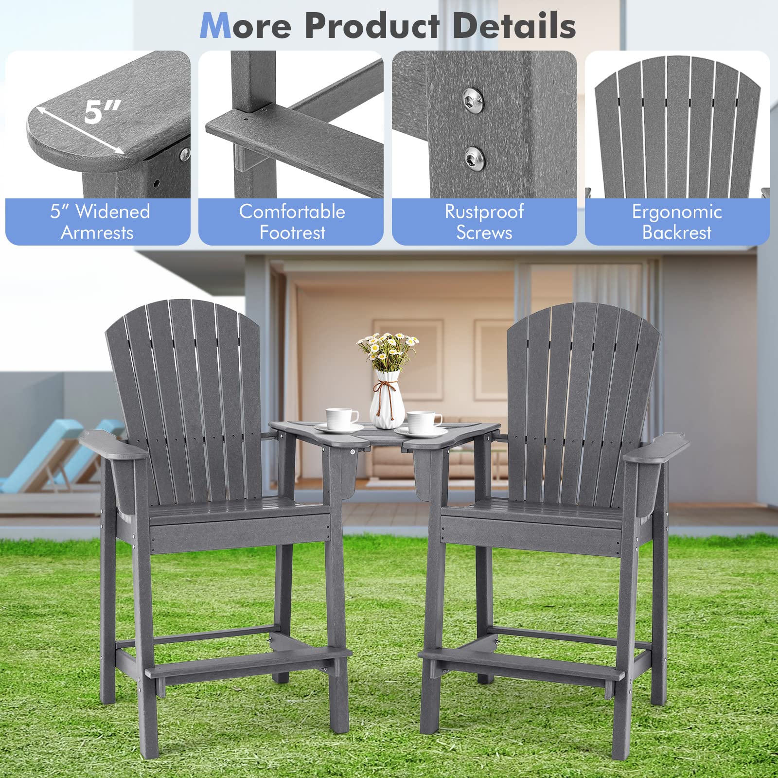 Giantex Tall Adirondack Chair Set of 2 - Outdoor HDPE Barstools w/Middle Connecting Tray & Umbrella Hole, Counter Height Bar Chair, Weather Resistant, Ideal for Patio, Backyard, Poolside (Grey)