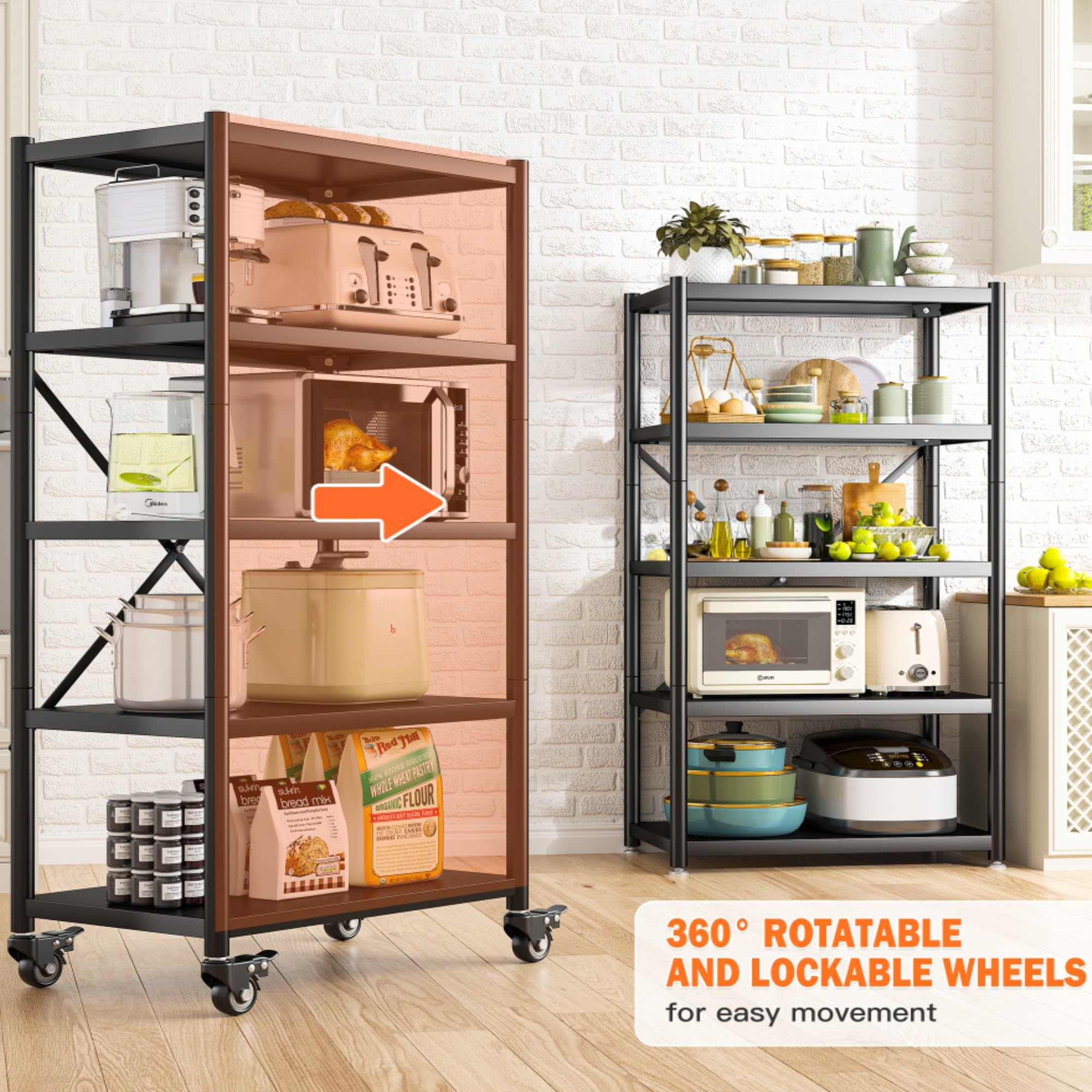 REIBII Storage Shelves with Wheels 5 Tier Metal Shelves for Storage Adjustable Metal Shelving with Wheels Portable Shelves Organizer Rack for Garage Kitchen Basement Pantry 65.5"H × 31.5"W × 15.5"D