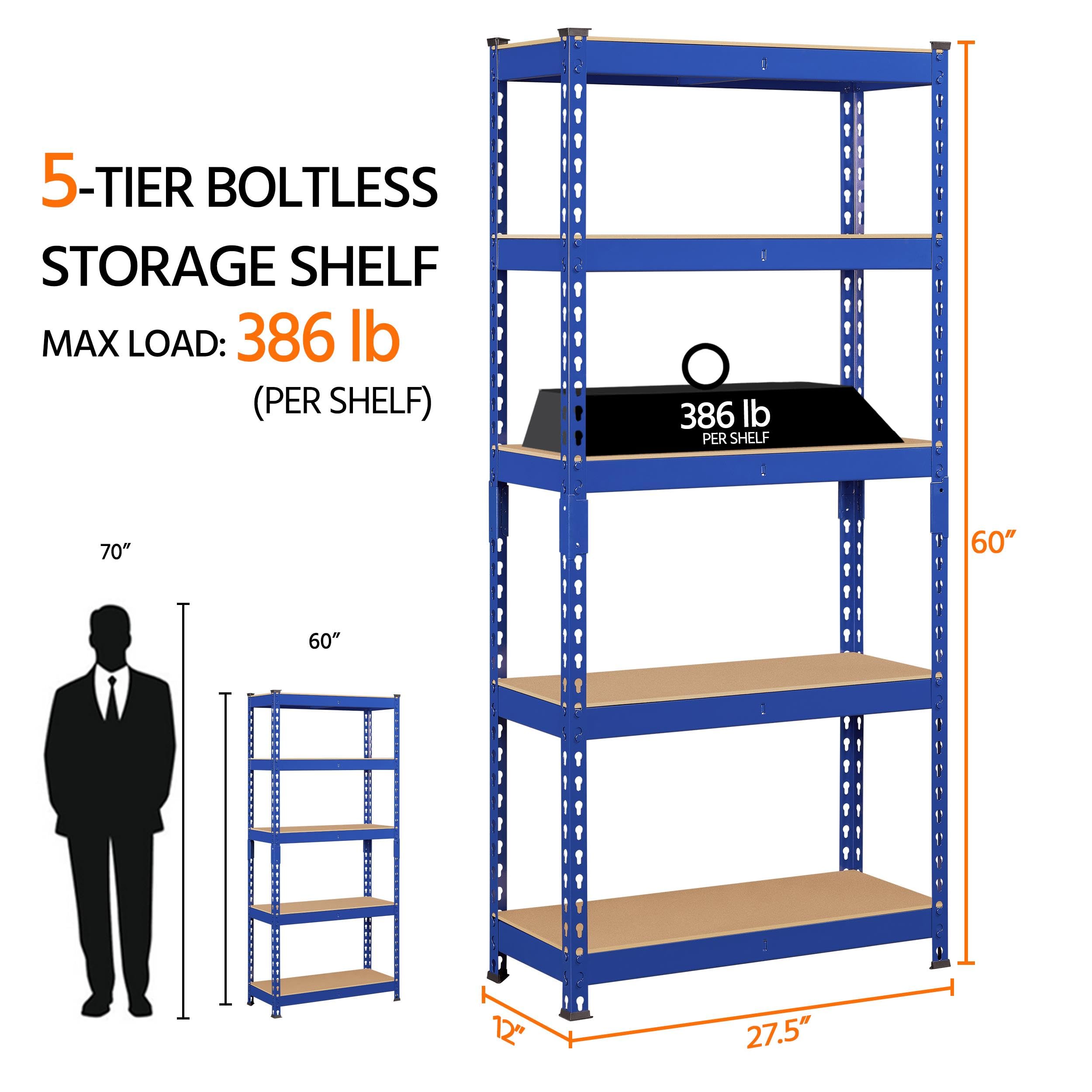 Topeakmart 4 PCS 5-Tier Utility Shelves, Metal Storage Shelves Garage Shelving Unit Adjustable Garage Storage Shelves Storage Racks Heavy Duty Shed Shelving- Blue, 27.5 x 12 x 60 Inch