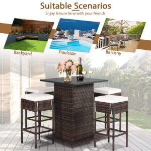 RELAX4LIFE 5-Piece Outdoor Bar Set, Wicker Rattan Bar Height Patio Set w/4 Cushion Bar Stools & Table with Hidden Storage, 5PCS Outdoor High Top Table and Chairs Set for Backyard Poolside (White)