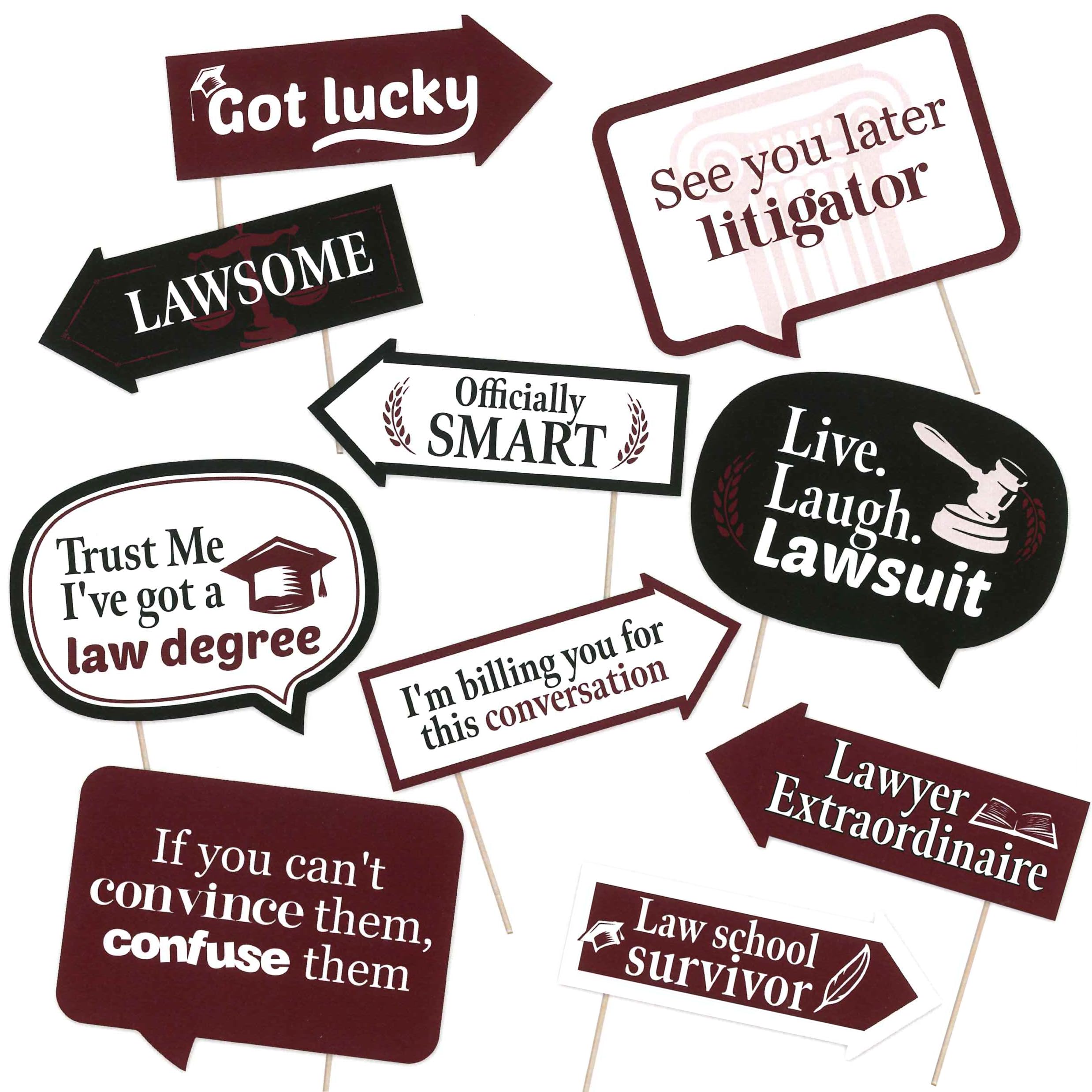 Funny Law School Grad Photo Booth Props - Future Lawyer Graduation Themed Party Decorations - Funny Photography Supplies - Selfie Props with Sticks - 10pcs