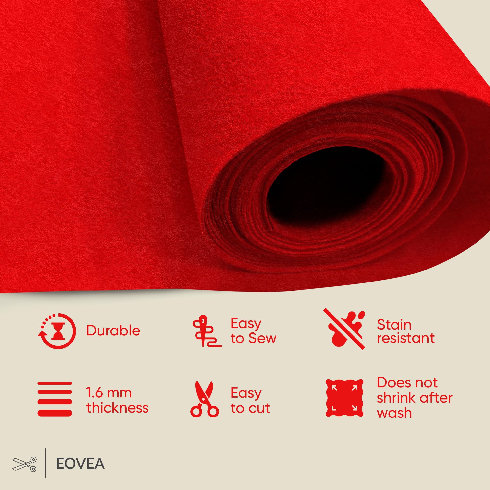 EOVEA | Acrylic Felt Fabric by The Yard | 72" Inch Wide -1.6mm Thick Felt Fabric | Non-Stiff Soft Felt Sheets | Felt Material for DIY,Craft, Sewing,Patchwork, Cushion, Padding(Red, Half Yard)