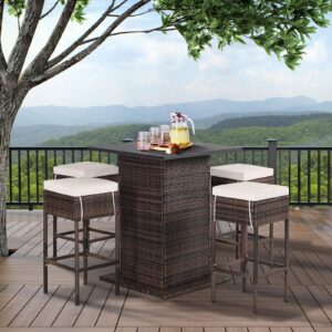 RELAX4LIFE 5-Piece Outdoor Bar Set, Wicker Rattan Bar Height Patio Set w/4 Cushion Bar Stools & Table with Hidden Storage, 5PCS Outdoor High Top Table and Chairs Set for Backyard Poolside (White)