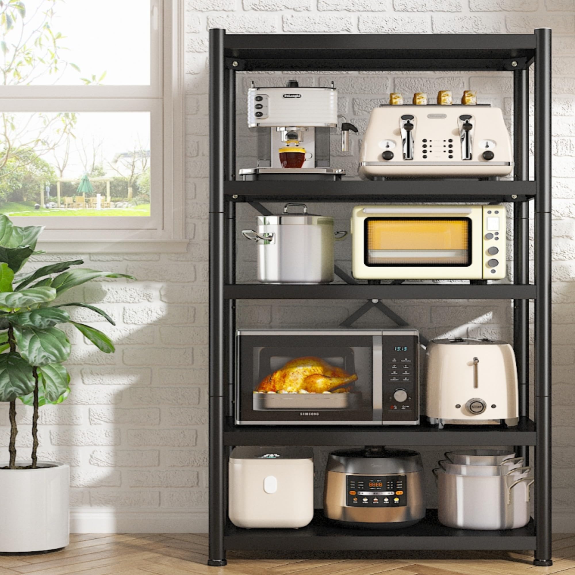 REIBII Storage Shelves with Wheels 5 Tier Metal Shelves for Storage Adjustable Metal Shelving with Wheels Portable Shelves Organizer Rack for Garage Kitchen Basement Pantry 65.5"H × 31.5"W × 15.5"D