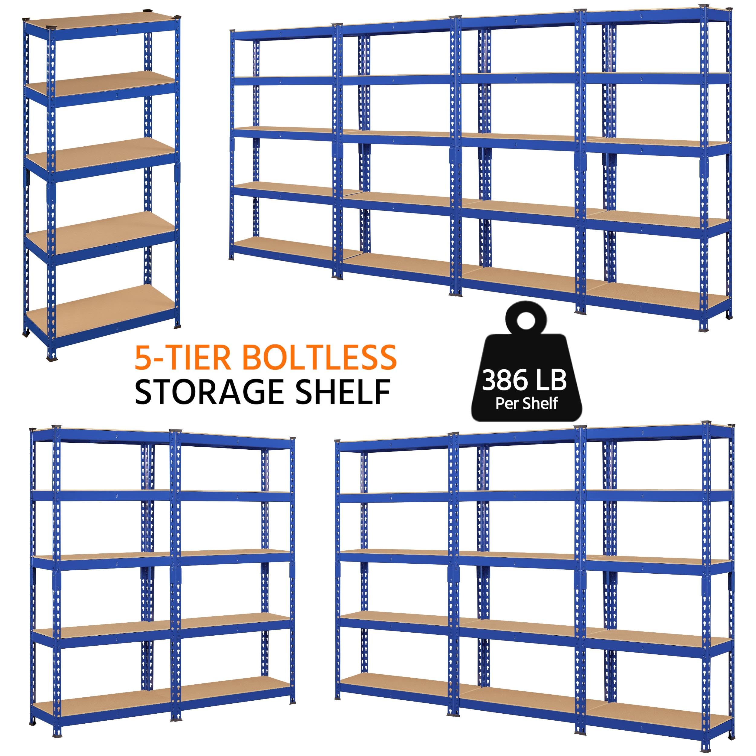 Topeakmart 4 PCS 5-Tier Utility Shelves, Metal Storage Shelves Garage Shelving Unit Adjustable Garage Storage Shelves Storage Racks Heavy Duty Shed Shelving- Blue, 27.5 x 12 x 60 Inch