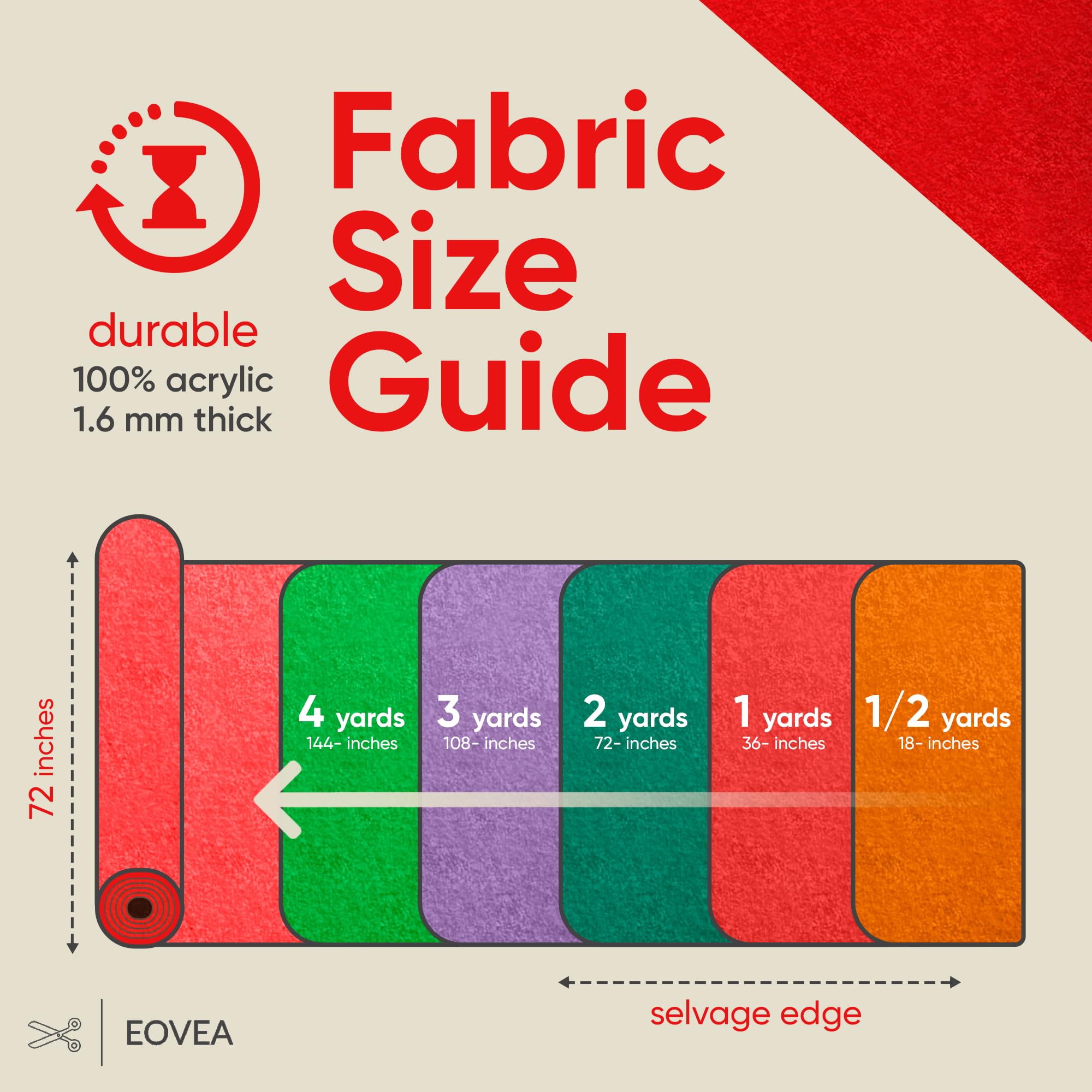 EOVEA | Acrylic Felt Fabric by The Yard | 72" Inch Wide -1.6mm Thick Felt Fabric | Non-Stiff Soft Felt Sheets | Felt Material for DIY,Craft, Sewing,Patchwork, Cushion, Padding(Red, Half Yard)