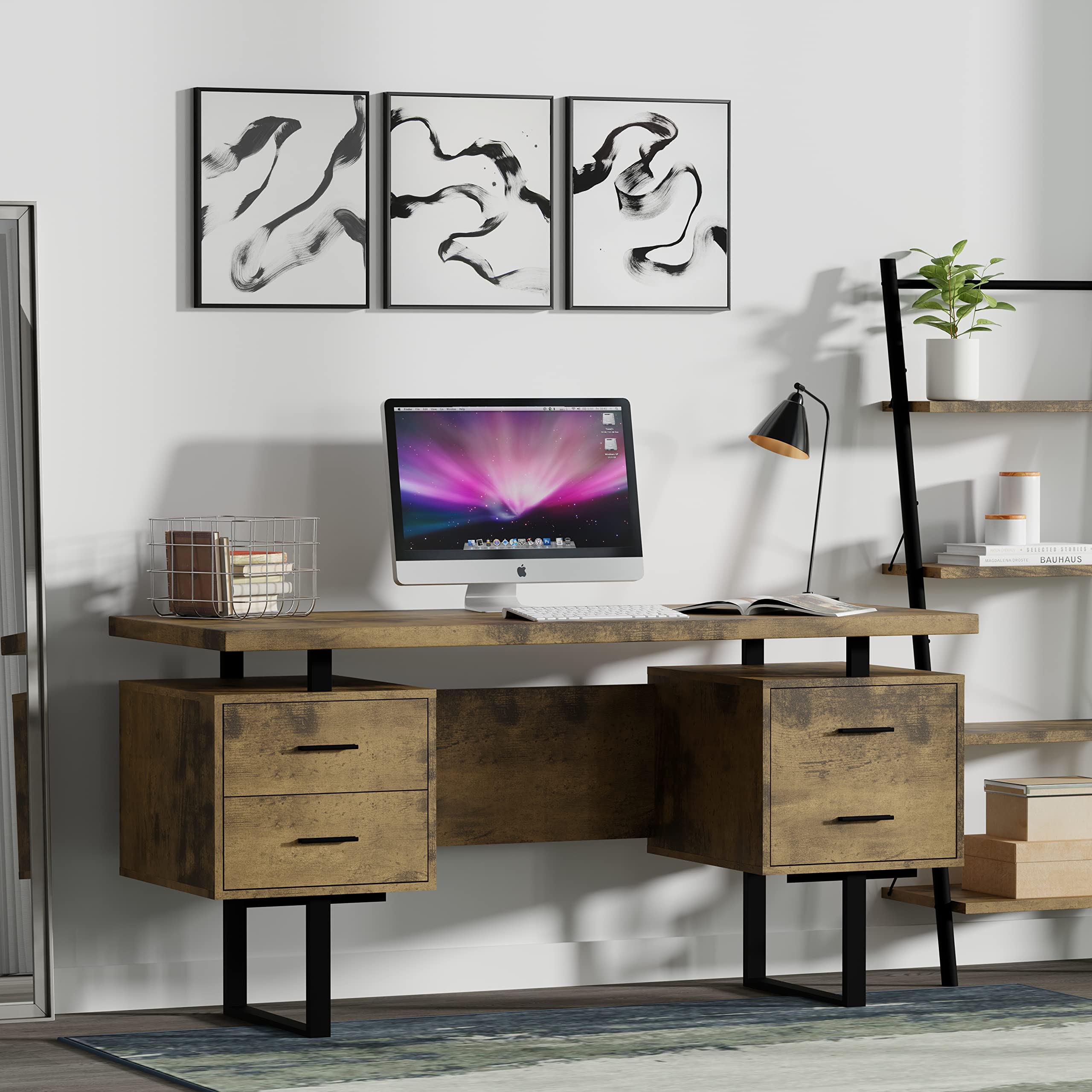 60'' Mariposa Home Office Computer Desk - Reclaimed Brown Top, Reclaimed Brown Body, Black Metal, Black Hardware