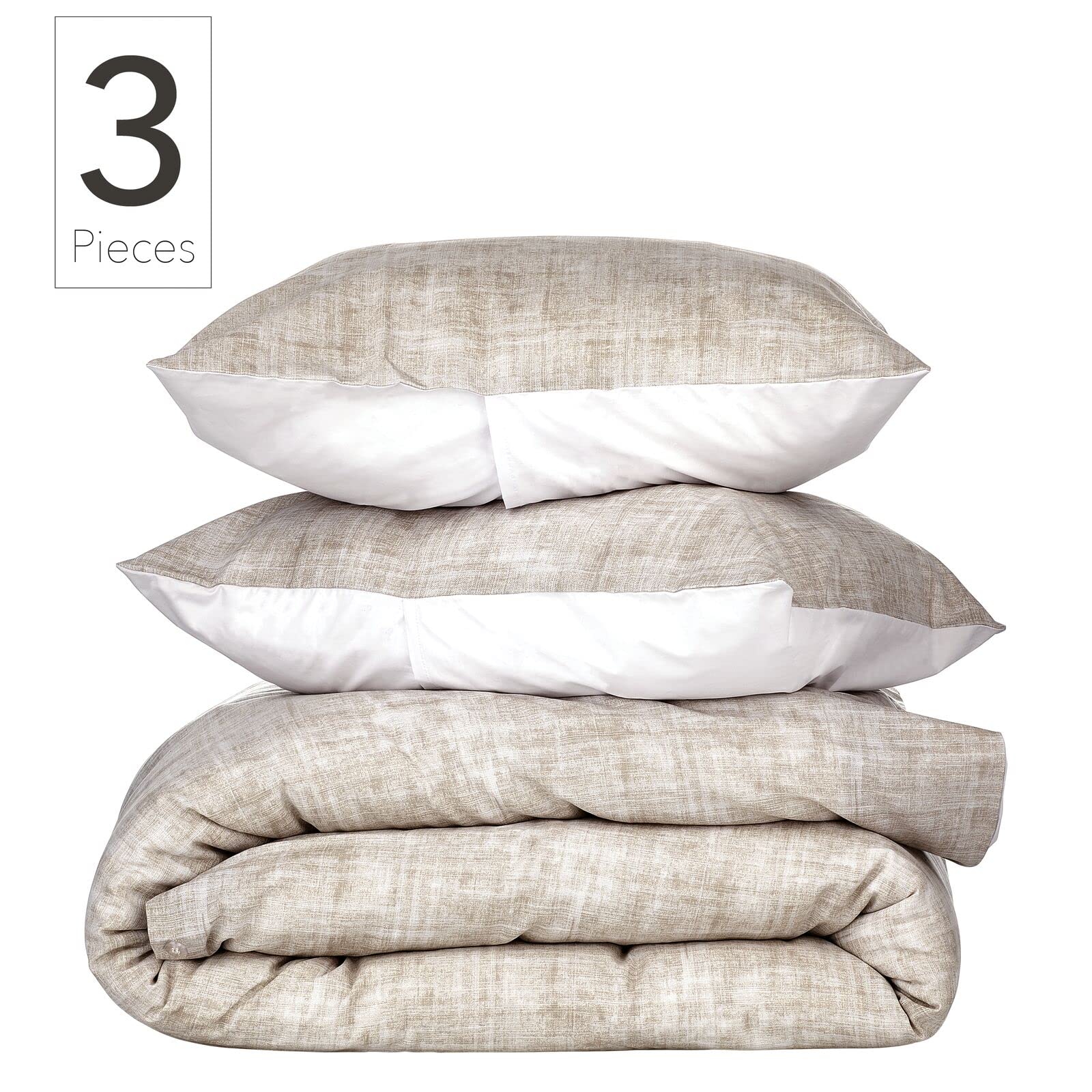 Nate Home by Nate Berkus 200TC 3-Piece Textured Print Duvet Cover Set | Crisp, Cool Bedding from mDesign - Full/Queen Size - 1 Duvet Cover, Hidden Button Closure/2 Pillow Shams, Fossil (Beige)