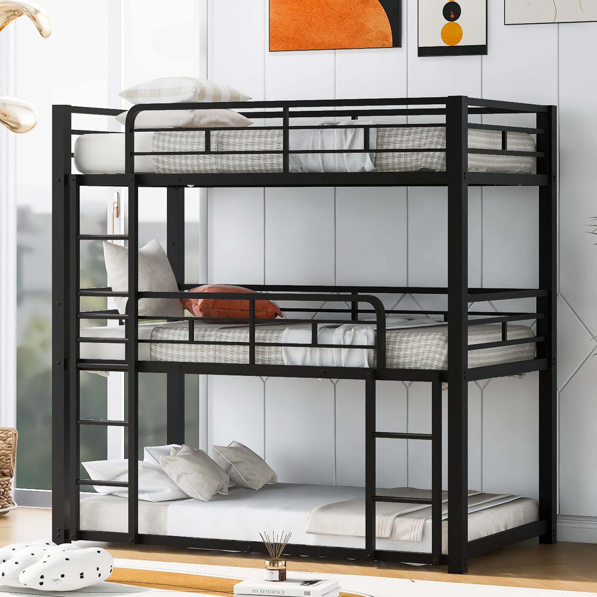 Bunk Beds, Twin Over Twin Over Twin Metal Bunk Bed, Triple Bunk Bed for Kids,Teens, Adults, Girls, Boys, Detachable BunkBed Can Be Divided into 3 Twin Beds,No Box Spring Need (Black)