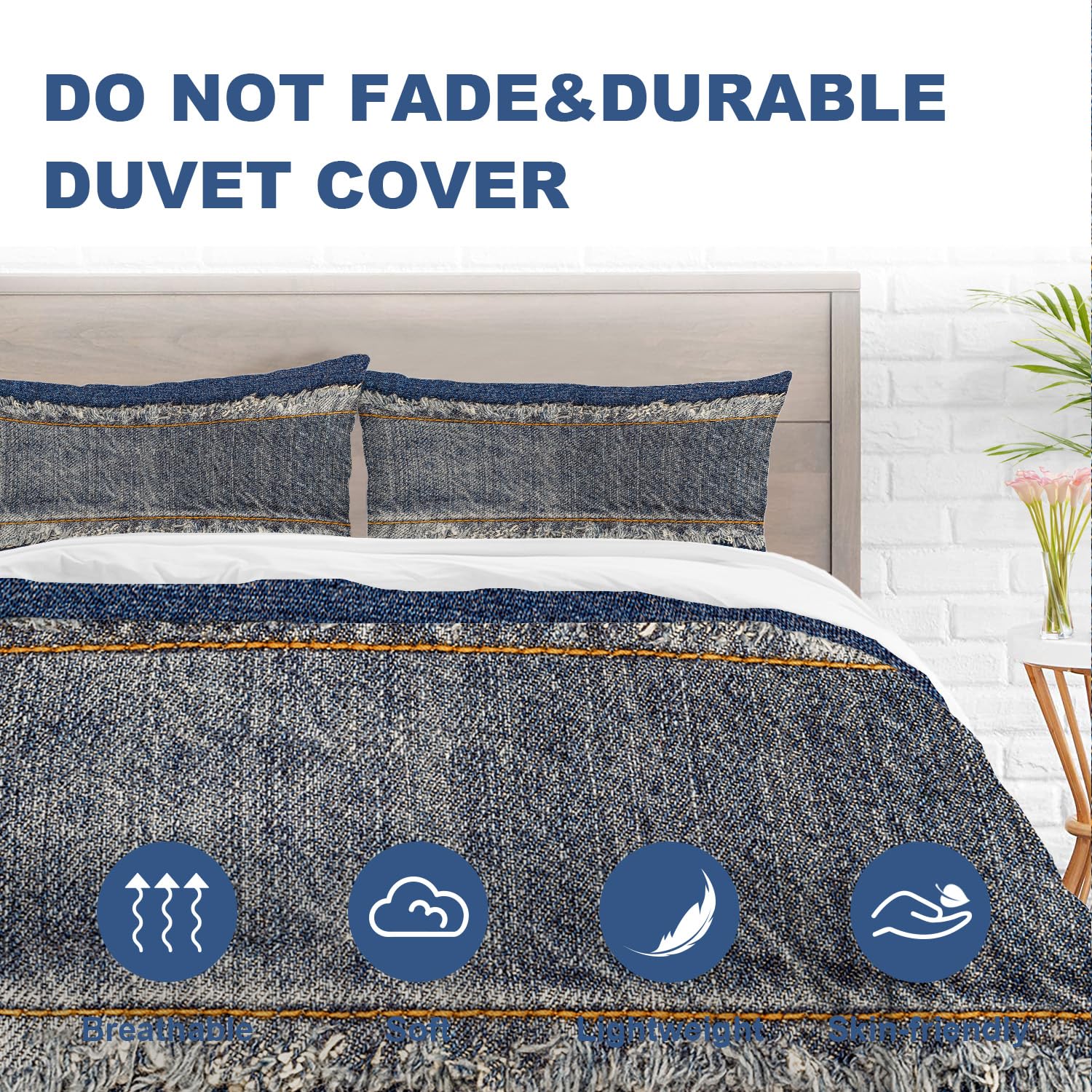 Batmerry Blue Fringe Orange King Size 3 Pieces Bedding Comforter Cover Sets,Soft Fluffy Denim Torn Worn Blue Jeans Pattern Printed Duvet Cover for All Season