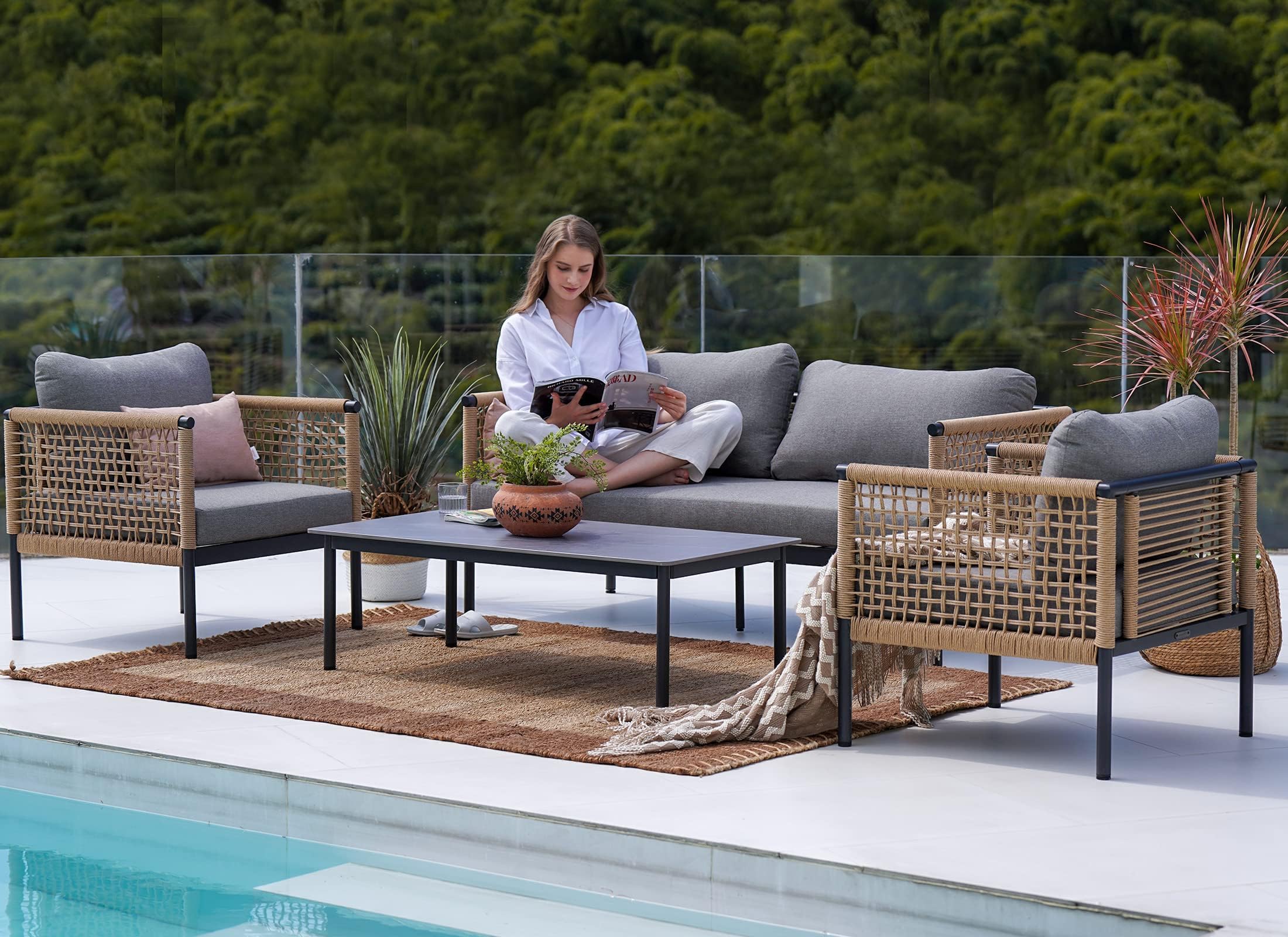 Grand patio Outdoor 4-Piece Conversation Set Rust Free Patio Furniture Set Open-Weave Wicker Olefin Modern Sofa Seating for Garden, Backyard, Balcony, Gray