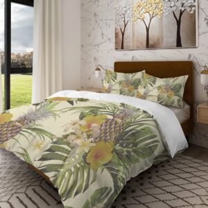 batmerry beige tropical palm king size 3 pieces bedding comforter cover sets,soft fluffy green leaves pattern printed duvet cover for all season