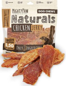 mighty paw naturals chicken jerky for dogs | chicken jerky dog treats for small dogs, medium pets and large breeds. natural dog treats for large dogs, and puppies. dried chicken dog jerky treats 14 oz