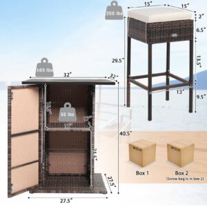 RELAX4LIFE 5-Piece Outdoor Bar Set, Wicker Rattan Bar Height Patio Set w/4 Cushion Bar Stools & Table with Hidden Storage, 5PCS Outdoor High Top Table and Chairs Set for Backyard Poolside (White)