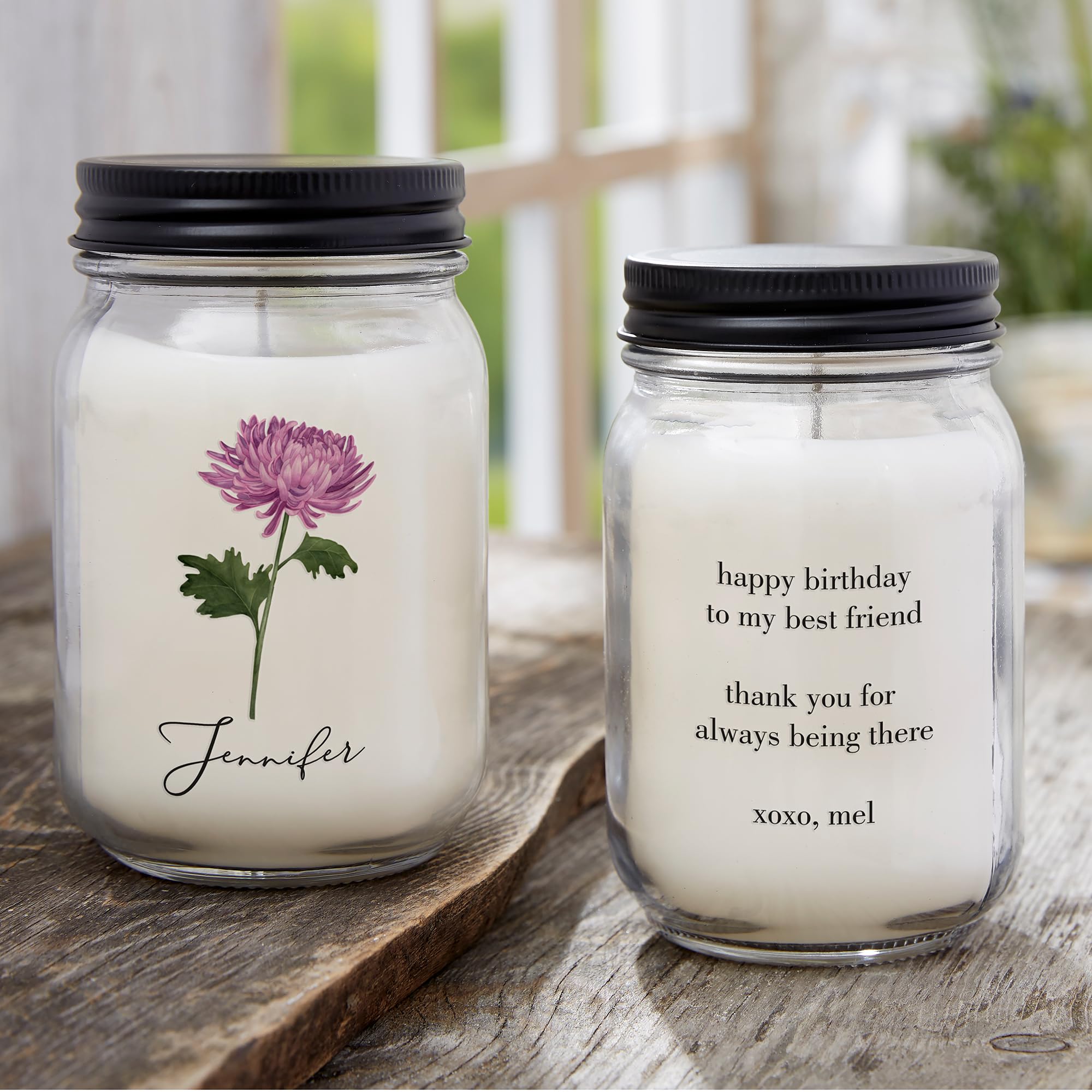 Personalization Universe Birth Month Flower Personalized Farmhouse Candle Jar, Customizable with Name, Date, and Birth Flower, Lakeside Rain Scent, 50-60 Hours Burn Time, Made in USA, for Women