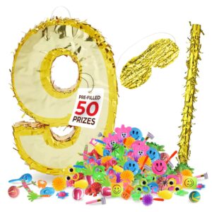 gold foil number pinata for birthday party for girls & boys with gold blindfold and stick, prefilled with assorted party favors 50 pcs, birthday party decorations (9)