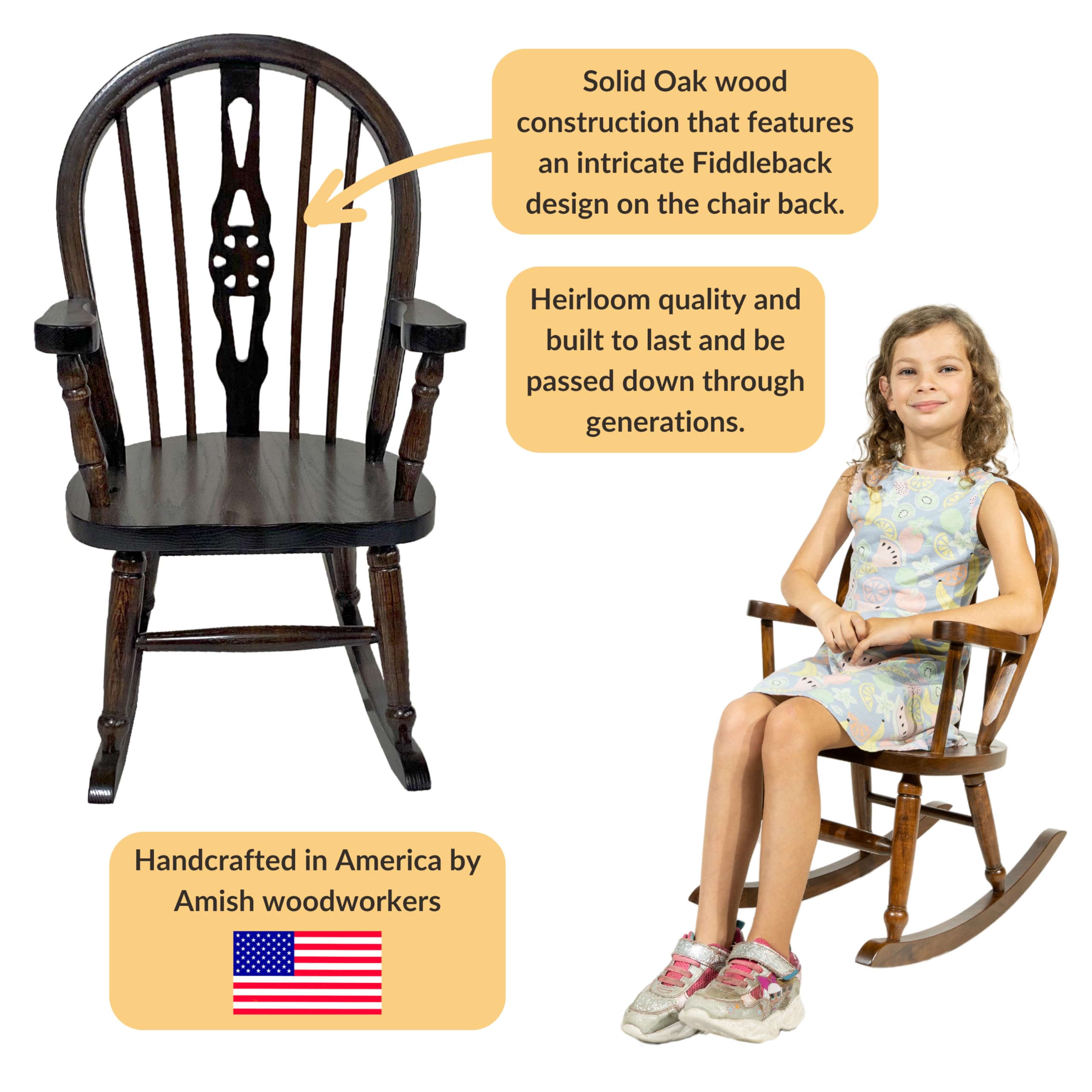 DutchCrafters Fiddleback Windsor Child's Rocking Chair, Kids Rocker, Rocking Chair for Children - Amish Made in USA (Oak - Old Museum)