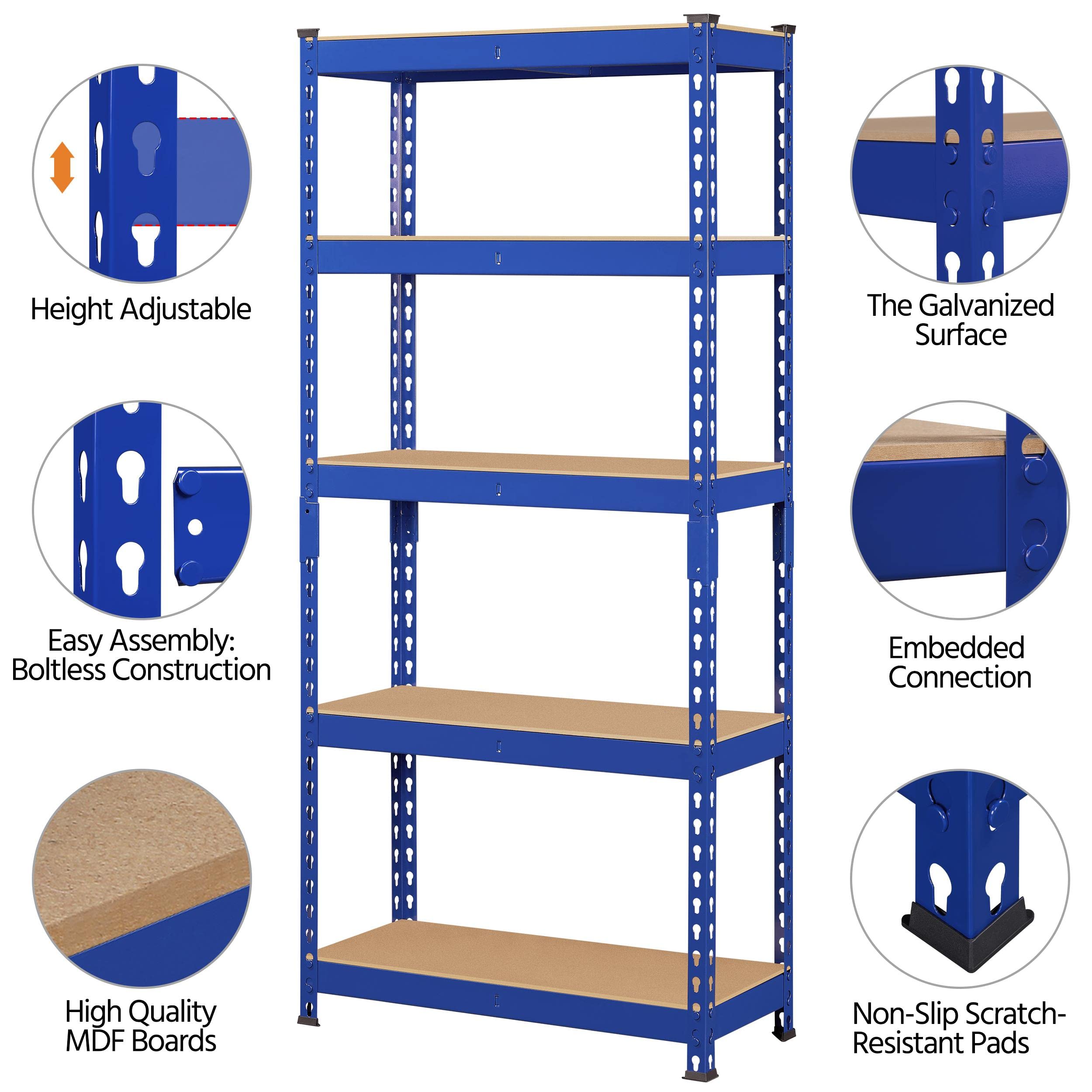 Topeakmart 4 PCS 5-Tier Utility Shelves, Metal Storage Shelves Garage Shelving Unit Adjustable Garage Storage Shelves Storage Racks Heavy Duty Shed Shelving- Blue, 27.5 x 12 x 60 Inch