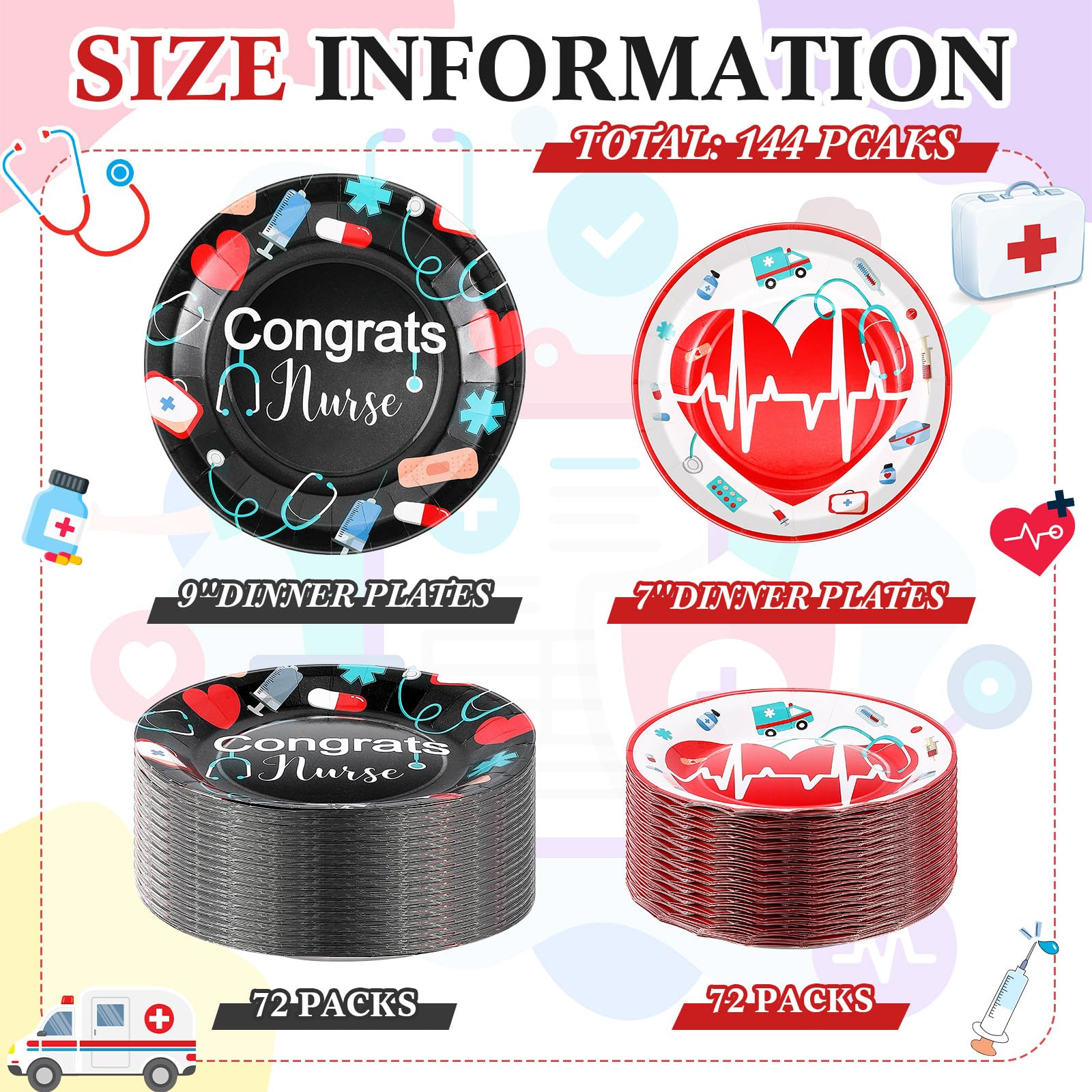 Hortsun 144 Pieces Nurse Graduation Party Supplies Nurse Week Paper Plates Bulk Medical Birthday Party Tableware Set Disposable Plates for Nurse Day Tableware Decoration