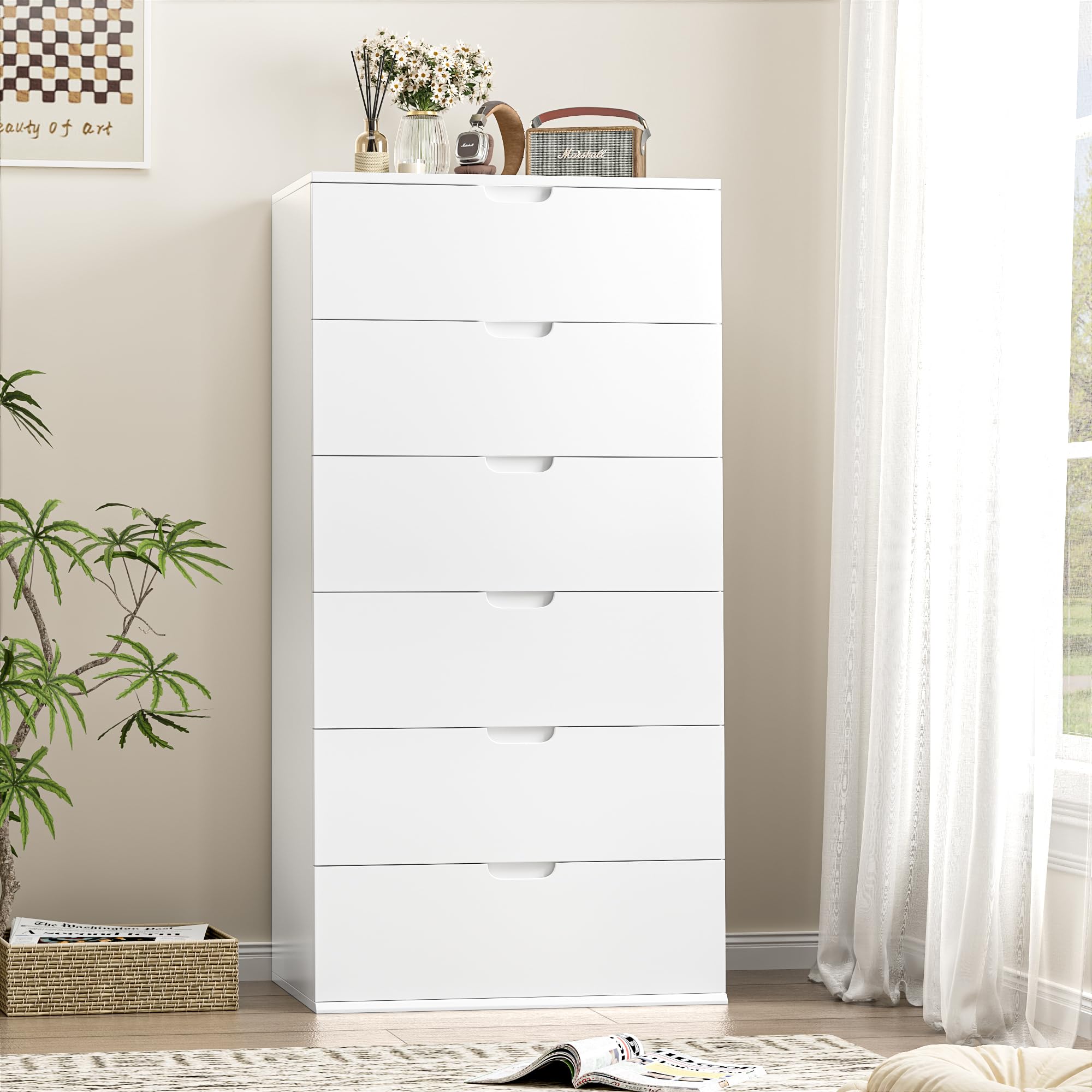 FOTOSOK Tall Dresser 47", White Dresser with 6 Drawers, Modern Chest of Drawers with Handless Design, 6 Drawer Dresser Verticle Dresser for Home & Office