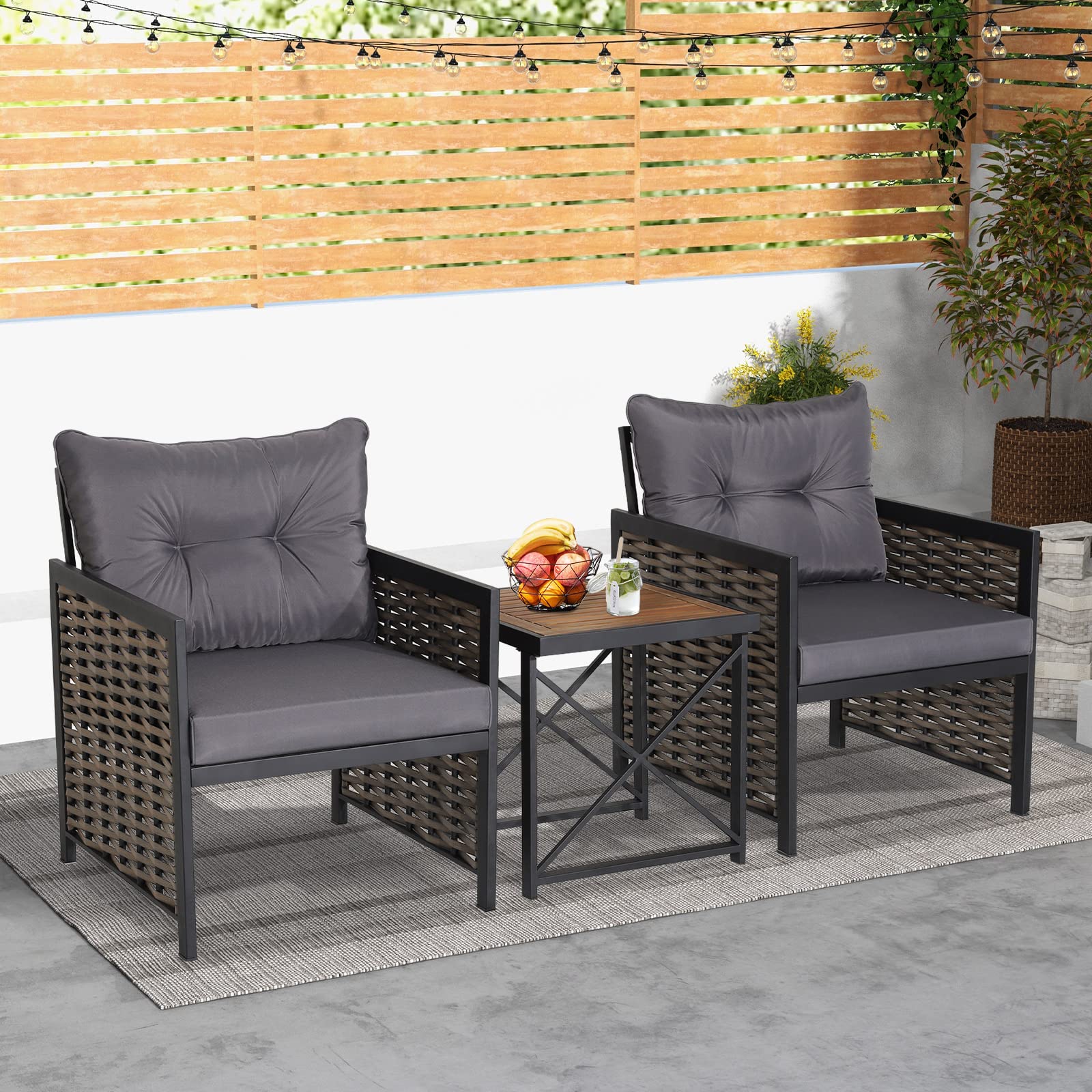 Tangkula 3 Piece Rattan Chair Set, Patio Wicker Chairs and Coffee Table Set, Heavy-Duty Metal Frame & Durable Acacia Wood Tabletop, Outdoor Furniture Set for Backyard, Front Porch, Deck (Gray)