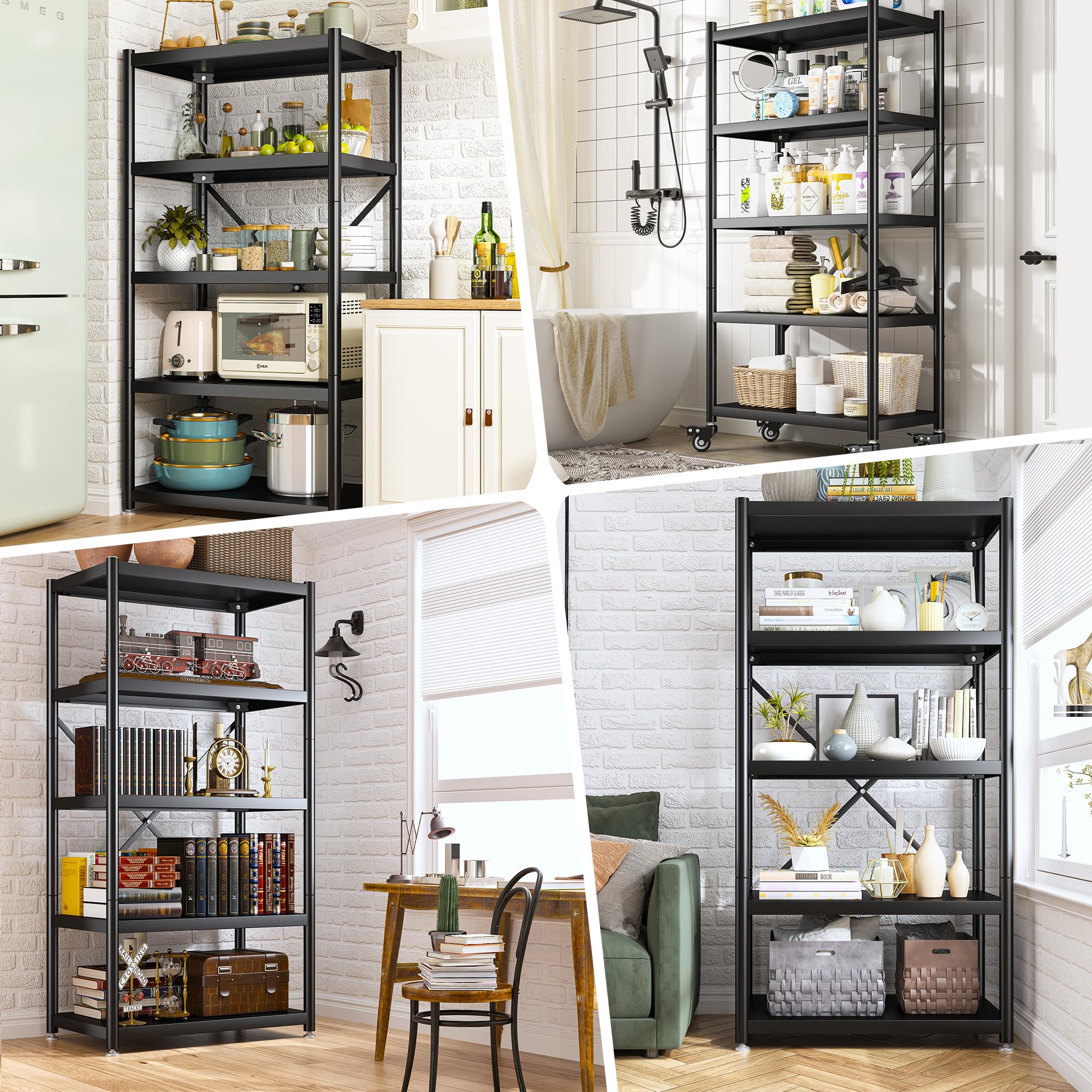 REIBII Storage Shelves with Wheels 5 Tier Metal Shelves for Storage Adjustable Metal Shelving with Wheels Portable Shelves Organizer Rack for Garage Kitchen Basement Pantry 65.5"H × 31.5"W × 15.5"D