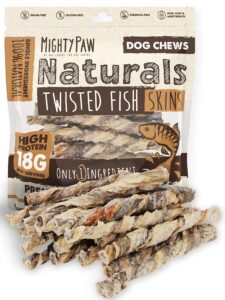 mighty paw naturals fish skin dog treats | 100% natural dried fish dog treats. tilapia skin fish chews dog snacks. omega-3 ocean chews for dogs, fish skin chews for dog