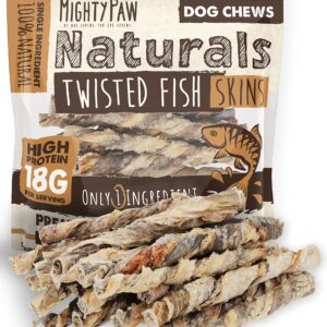 Mighty Paw Naturals Fish Skin Dog Treats | 100% Natural Dried Fish Dog Treats. Tilapia Skin Fish Chews Dog Snacks. Omega-3 Ocean Chews for Dogs, Fish Skin Chews for Dog