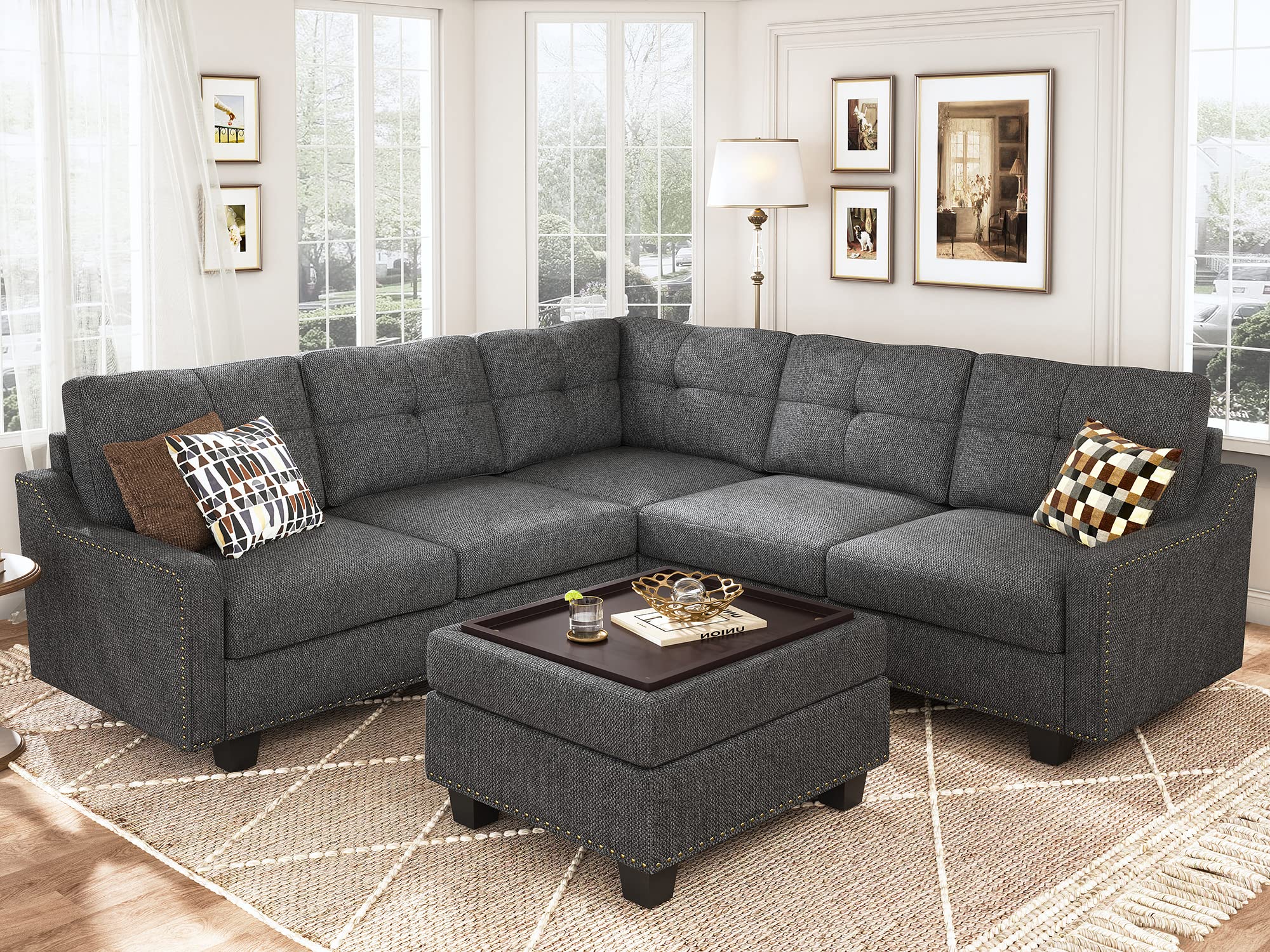 HONBAY Convertible Sectional Sofa with Storage Ottoman L Shaped Couch for Small Apartment Reversible Sectional Sofa for Living Room,Dark Grey