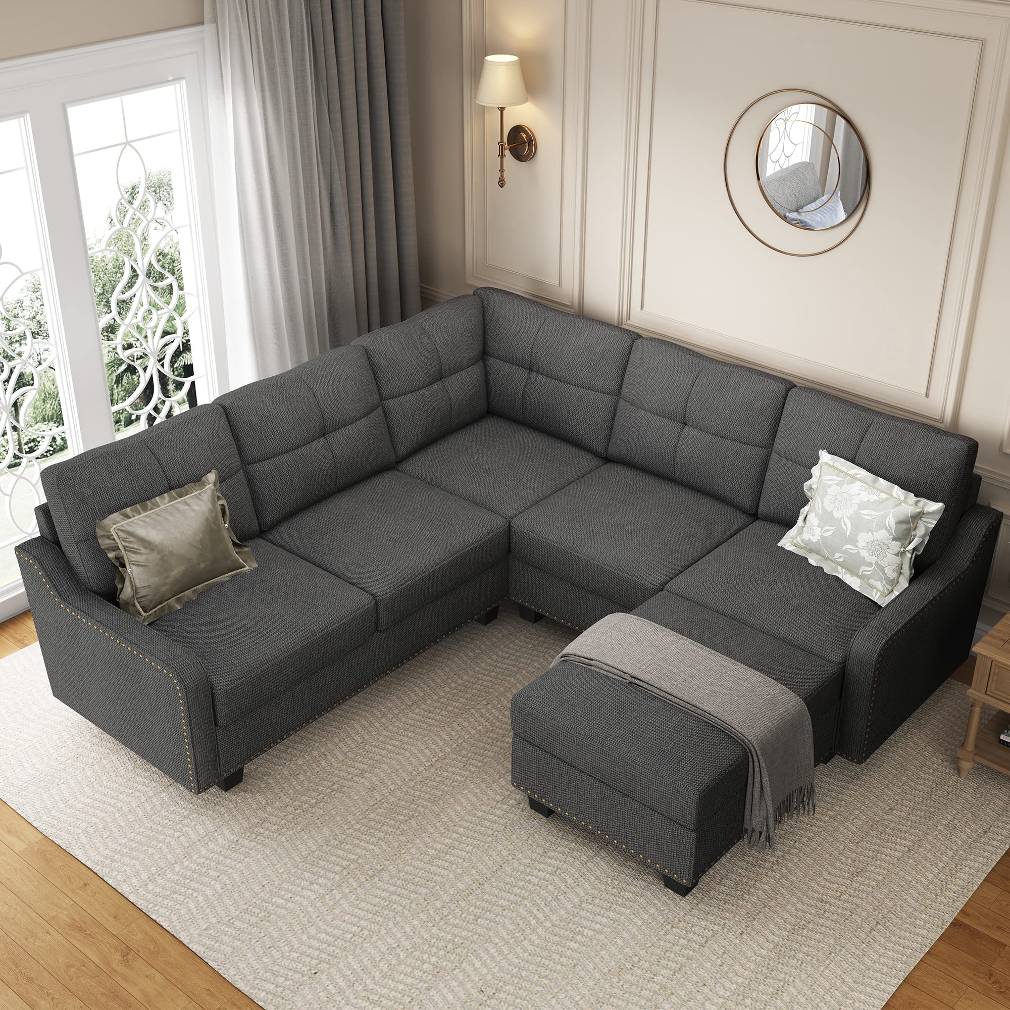 HONBAY Convertible Sectional Sofa with Storage Ottoman L Shaped Couch for Small Apartment Reversible Sectional Sofa for Living Room,Dark Grey