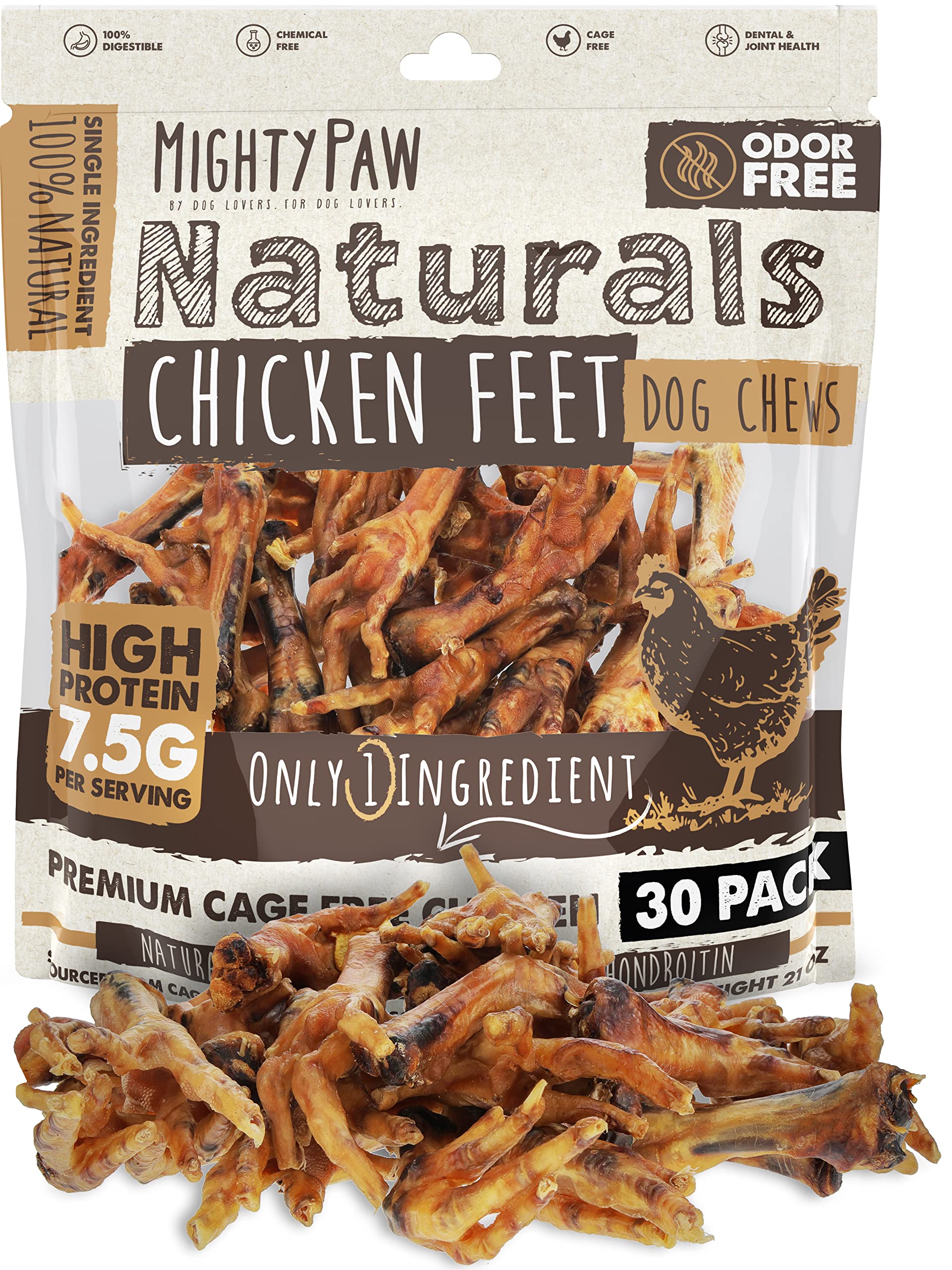 Mighty Paw Naturals Chicken Feet Dog Treats (30 Pack) | 100% Natural Dehydrated Chicken Feet for Dogs. Dried Chicken Feet for Dogs and Pets. Single Ingredient Chews