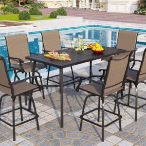 PHI VILLA 7 Piece High Patio Bar Dining Set, Bar Height Outdoor Table and Chairs Patio Furniture Set with 6 Patio Swivel Bar Stools & 40" Table for Garden, Yard and Terrace