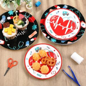 Hortsun 144 Pieces Nurse Graduation Party Supplies Nurse Week Paper Plates Bulk Medical Birthday Party Tableware Set Disposable Plates for Nurse Day Tableware Decoration