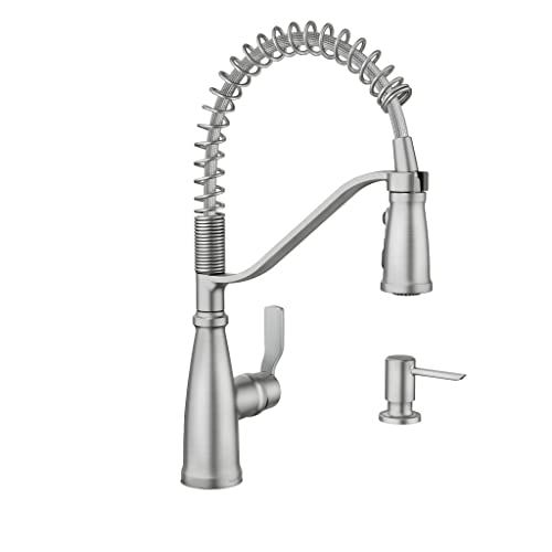 Moen Nolia Spot Resist Stainless One-Handle Pre-Rinse Spring Pulldown Kitchen Faucet, Single Hole Kitchen Sink Faucet with Soap Dispenser, 87886SRS