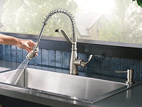 Moen Nolia Spot Resist Stainless One-Handle Pre-Rinse Spring Pulldown Kitchen Faucet, Single Hole Kitchen Sink Faucet with Soap Dispenser, 87886SRS