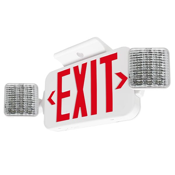 LFI Lights | Combo Red Exit Sign with Emergency Lights | White Housing | All LED | Two Adjustable Square Heads | Remote Head Capable | Hardwired with Battery Backup | UL Listed | COMBO2-R-W-RH