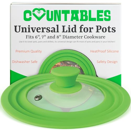 Universal Lid for Pots, Pans and Skillets - Tempered Glass with Heat Resistant Silicone Rim Fits 6", 7" and 8" Diameter Cookware, Lime Green, Replacement Lid for Frying Pan and Cast Iron Skillet