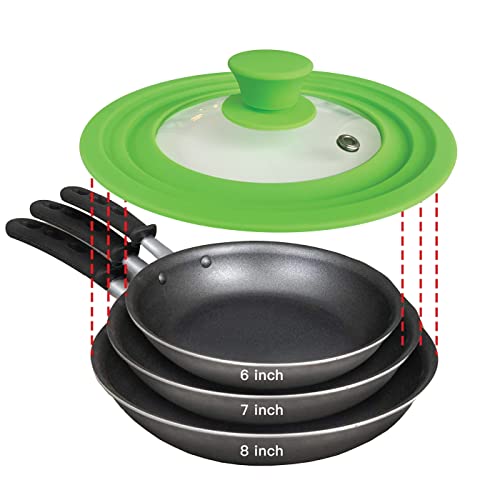 Universal Lid for Pots, Pans and Skillets - Tempered Glass with Heat Resistant Silicone Rim Fits 6", 7" and 8" Diameter Cookware, Lime Green, Replacement Lid for Frying Pan and Cast Iron Skillet