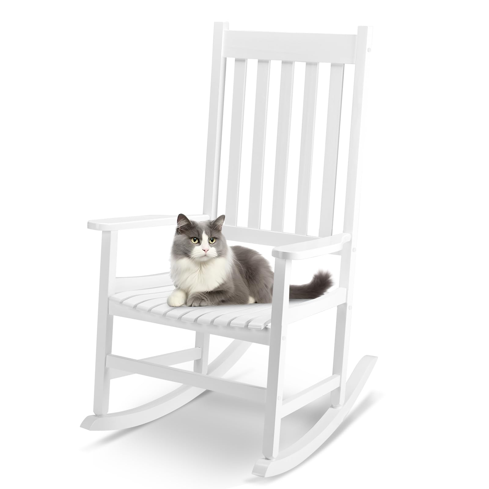 Outvita Outdoor Rocking Chair, Solid Wood High Back Rocker, All Weather Lounge Chair for Porch Patio Fire Pit Garden Backyard Deck Indoor, White